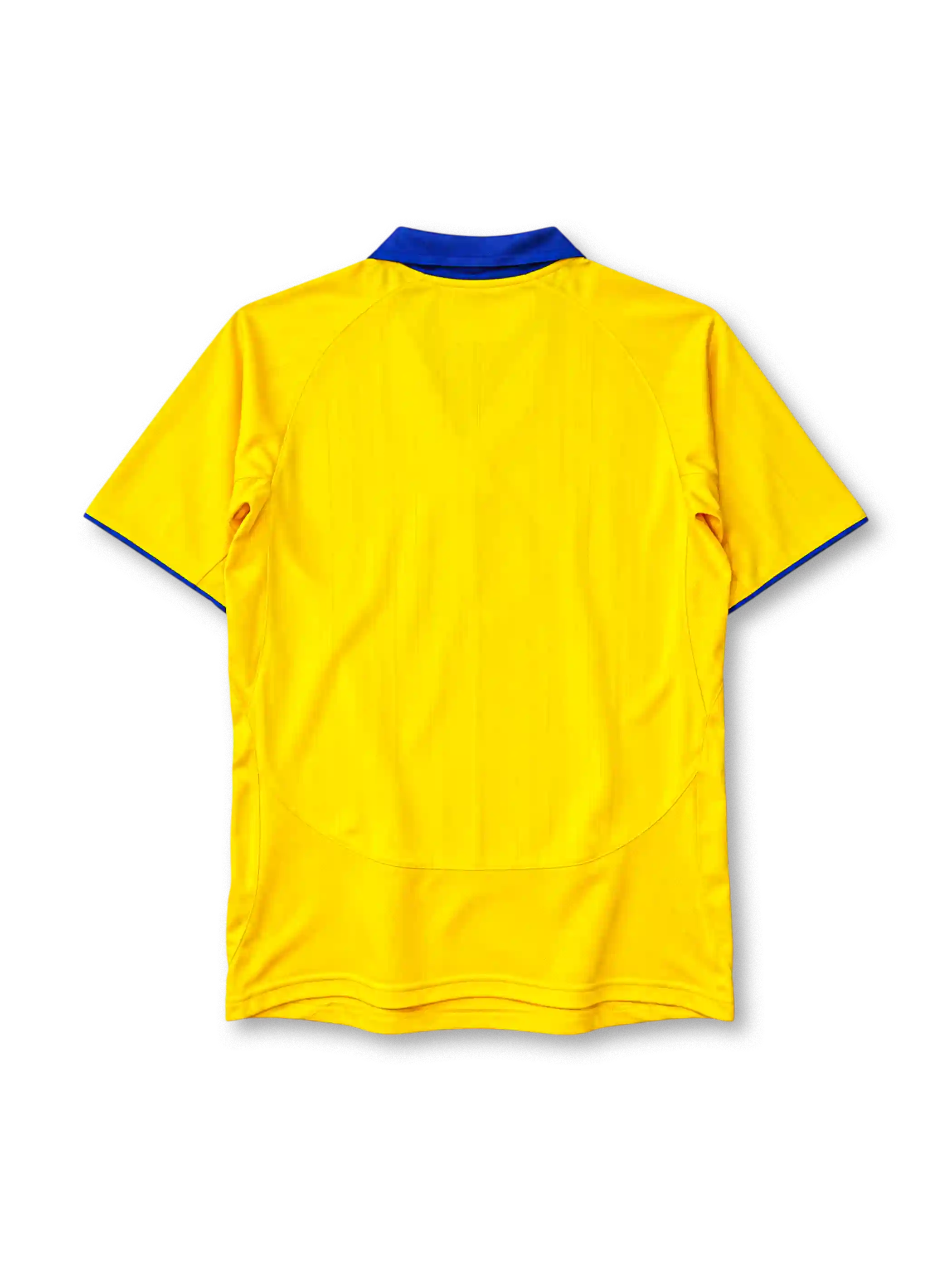 Arsenal 2003-04 away jersey in yellow with blue collar and O2 sponsor logo