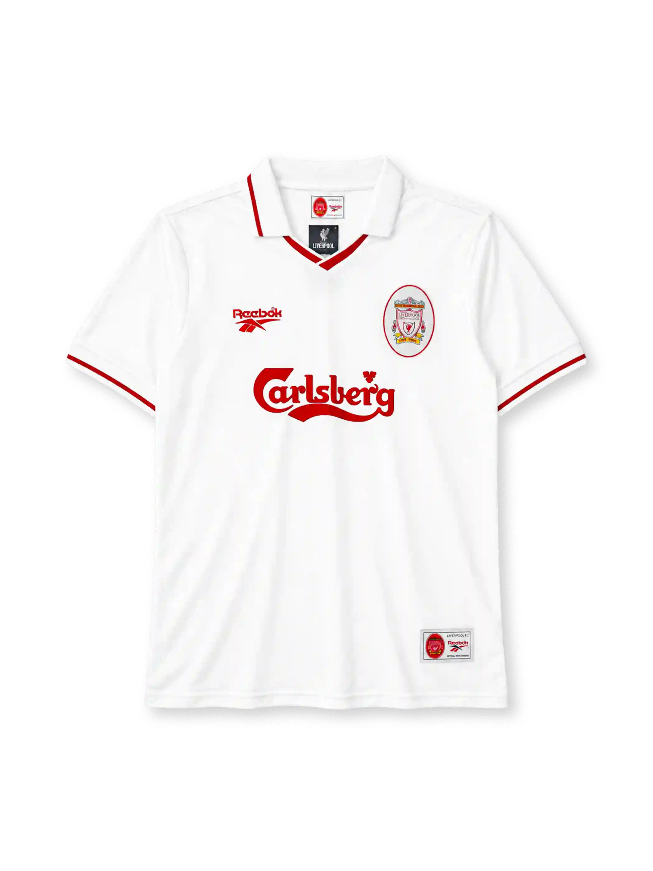 Liverpool 1996-97 away jersey in white with red trim and Carlsberg sponsor