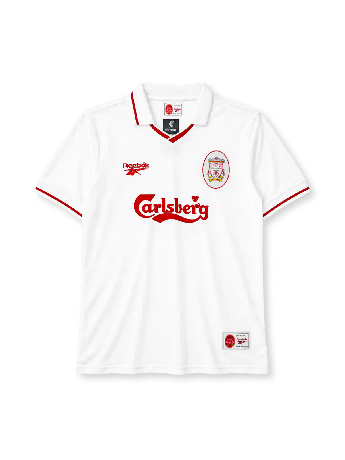 Liverpool 1996-97 away jersey in white with red trim and Carlsberg sponsor
