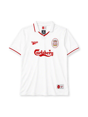 Liverpool 1996-97 away jersey in white with red trim and Carlsberg sponsor