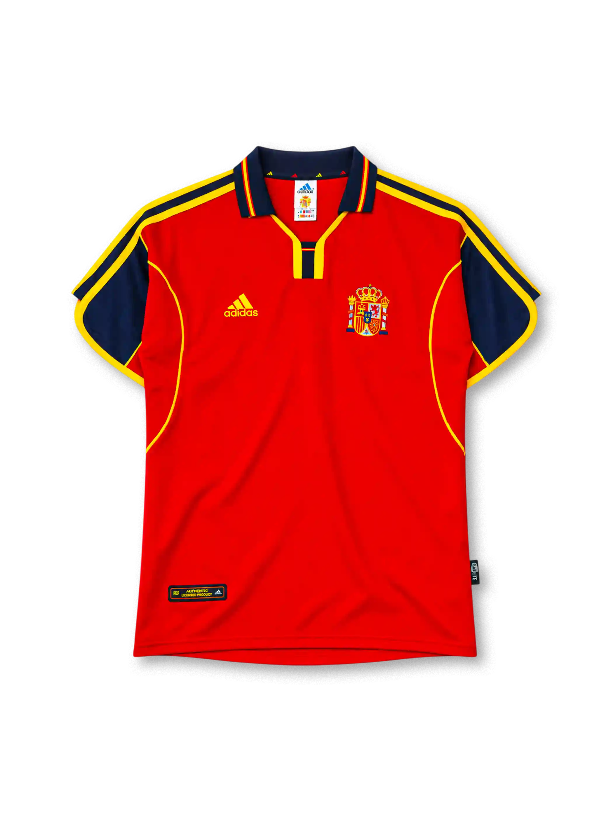 Spain 2000 home jersey in red with navy sleeve panels and Spanish federation crest