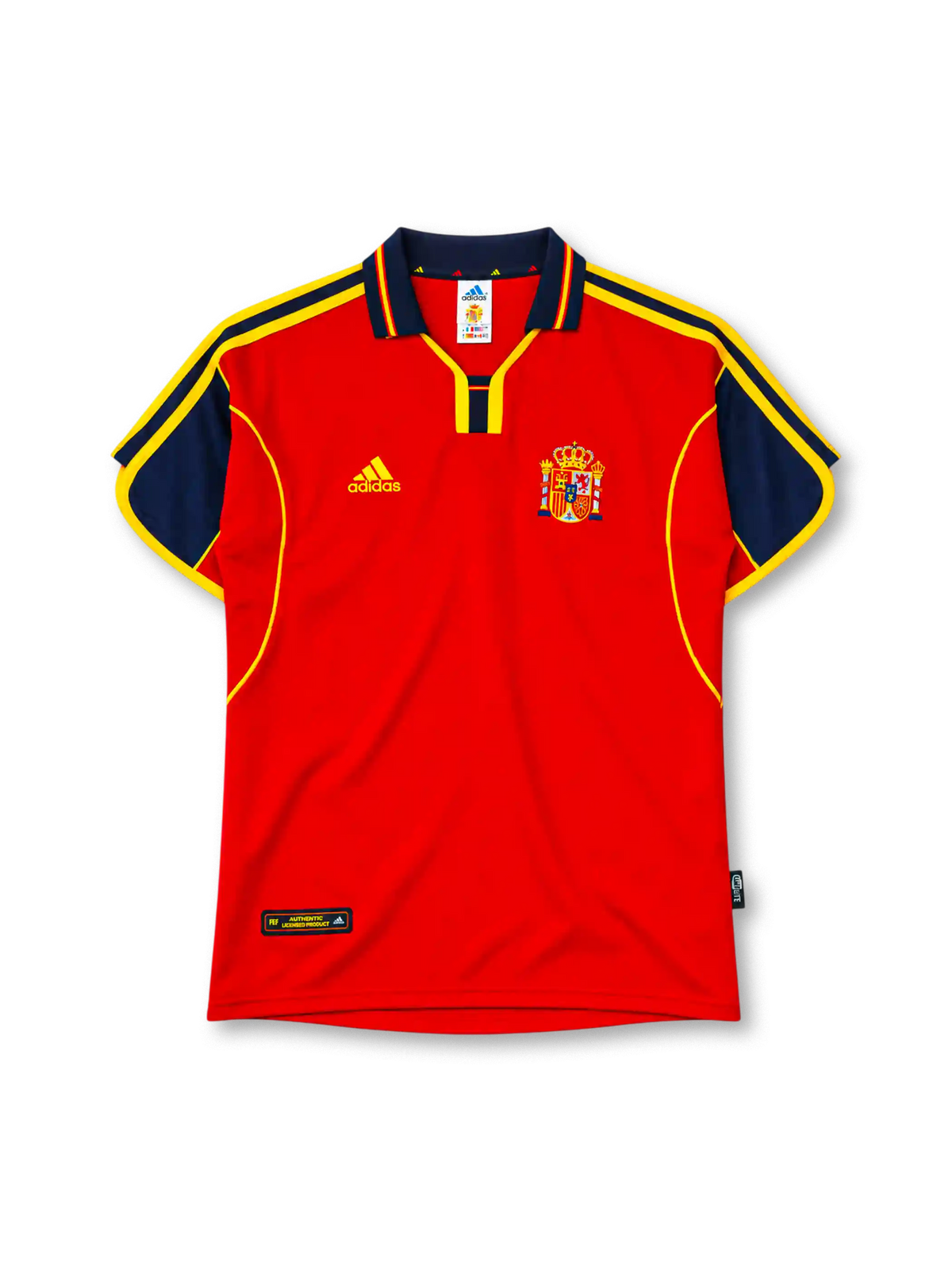 Spain 2000 home jersey in red with navy sleeve panels and Spanish federation crest