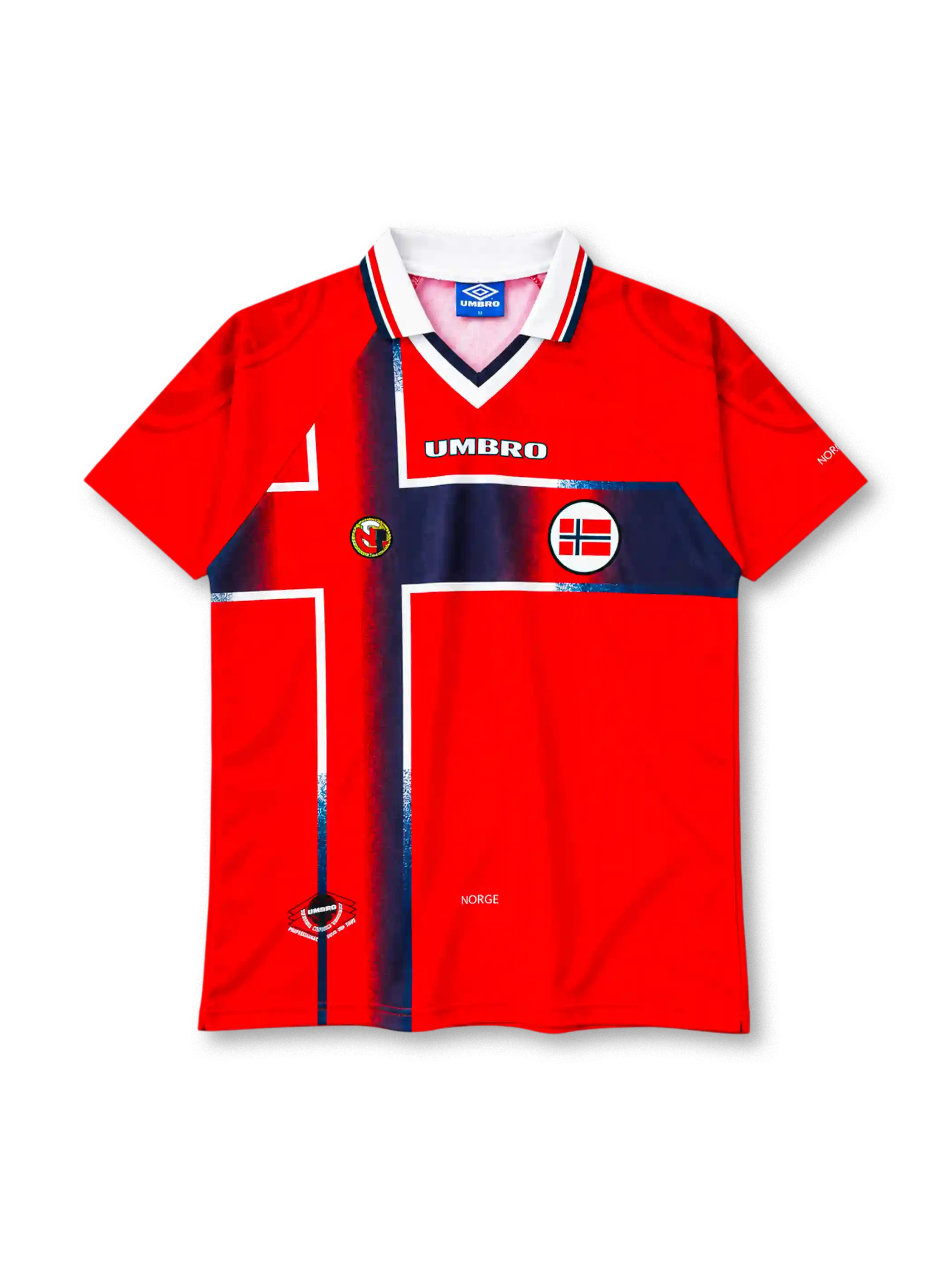 Norway 1997-98 home jersey in red with navy Nordic cross graphic