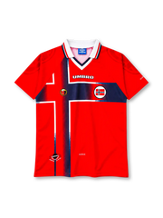 Norway 1997-98 home jersey in red with navy Nordic cross graphic