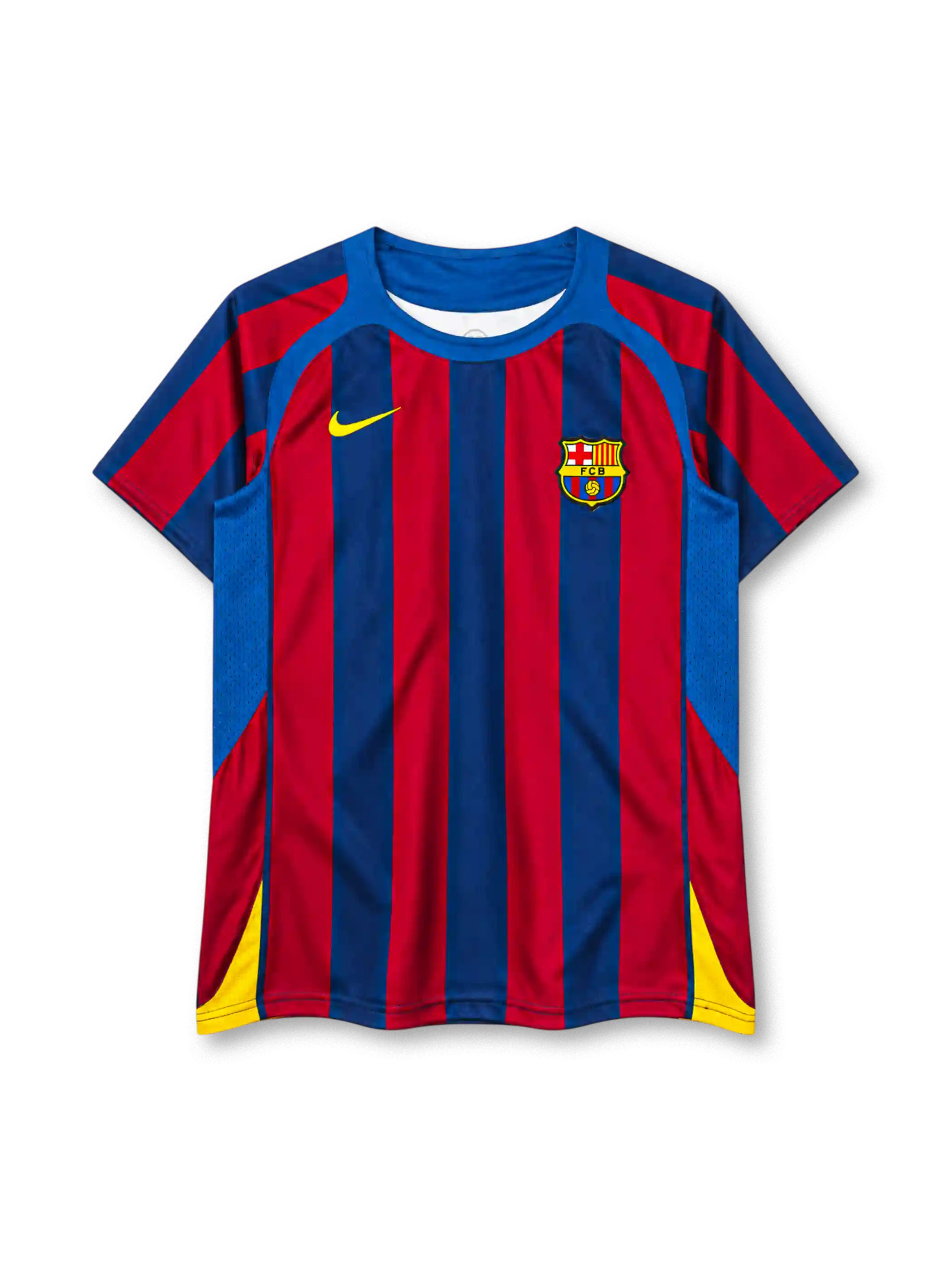 Barcelona 2005-06 home jersey in blue and red stripes with yellow accents and FCB crest