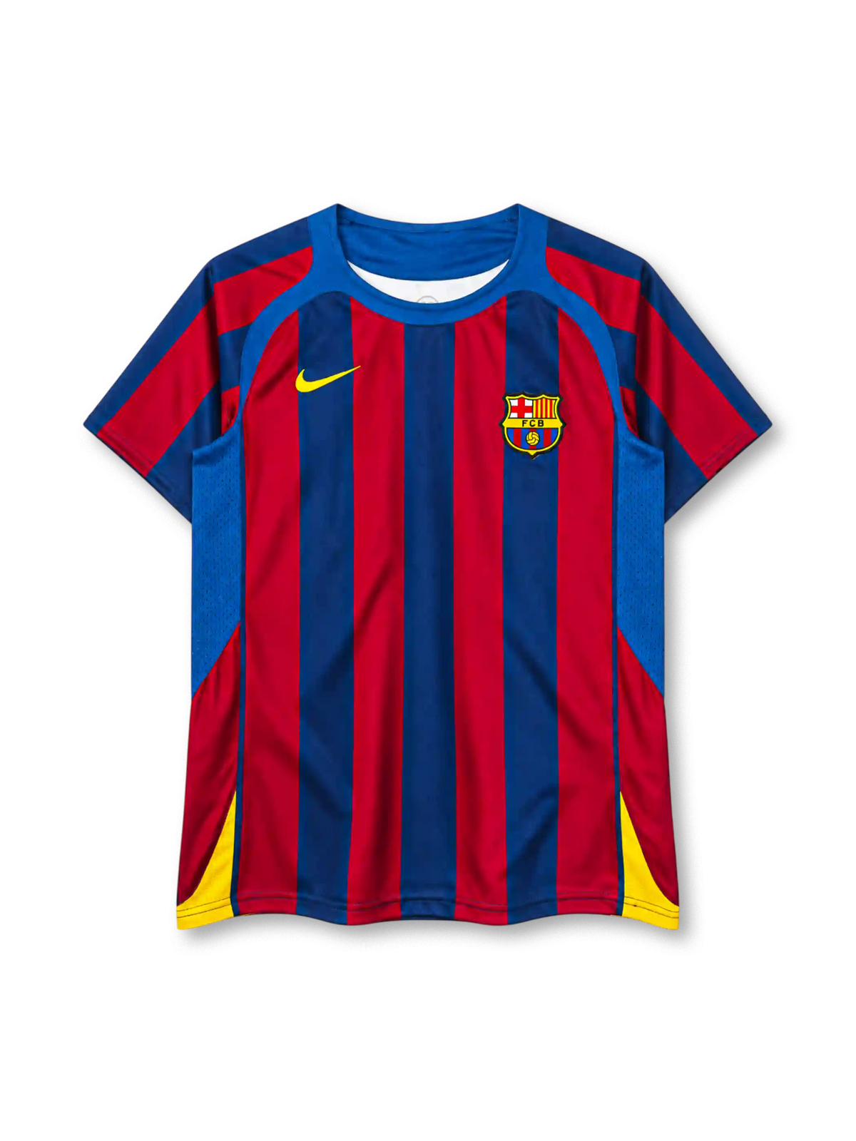 Barcelona 2005-06 home jersey in blue and red stripes with yellow accents and FCB crest