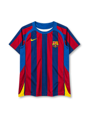 Barcelona 2005-06 home jersey in blue and red stripes with yellow accents and FCB crest