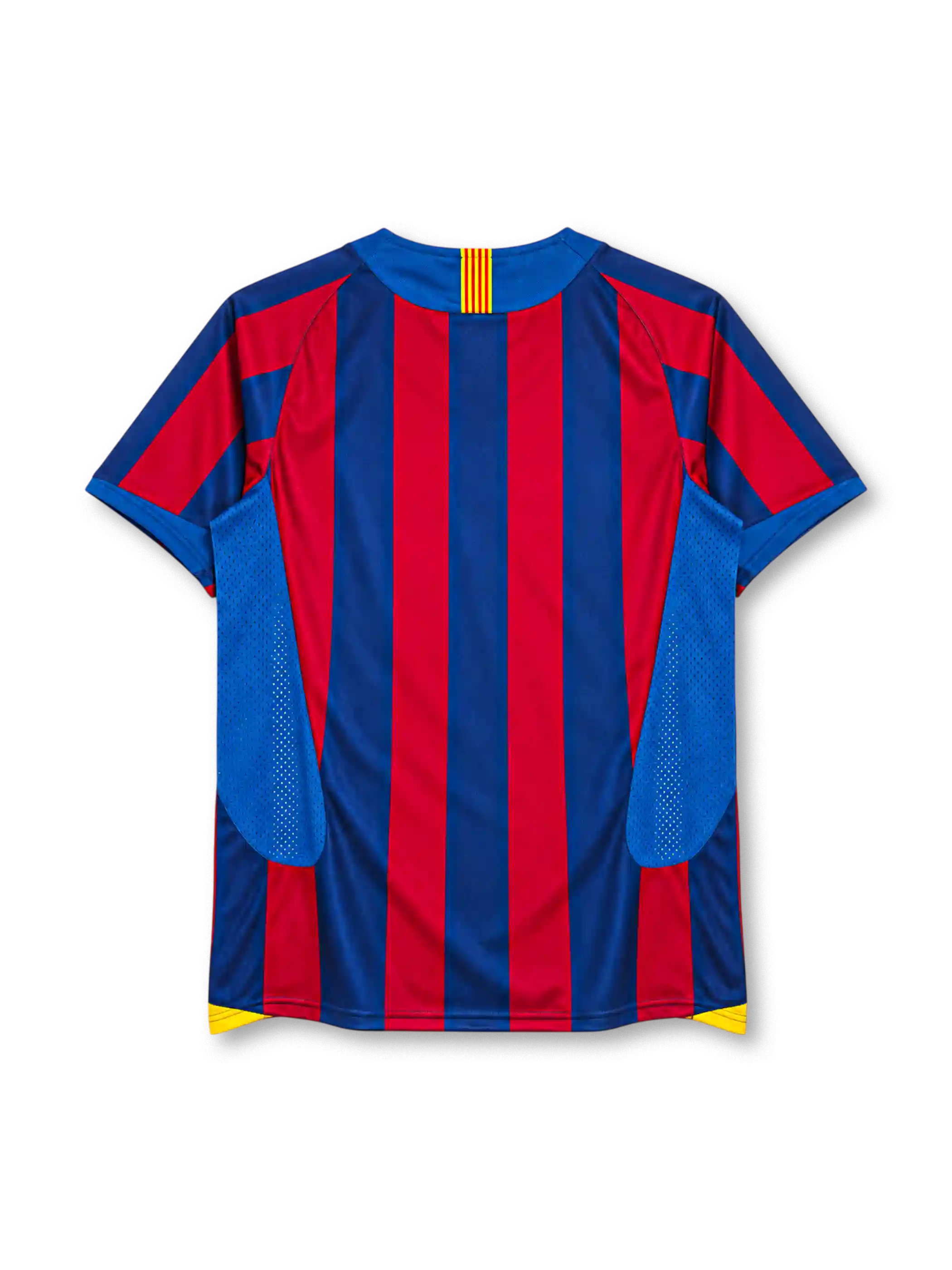 Barcelona 2005-06 home jersey in blue and red stripes with yellow accents and FCB crest
