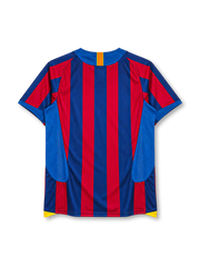 Barcelona 2005-06 home jersey in blue and red stripes with yellow accents and FCB crest