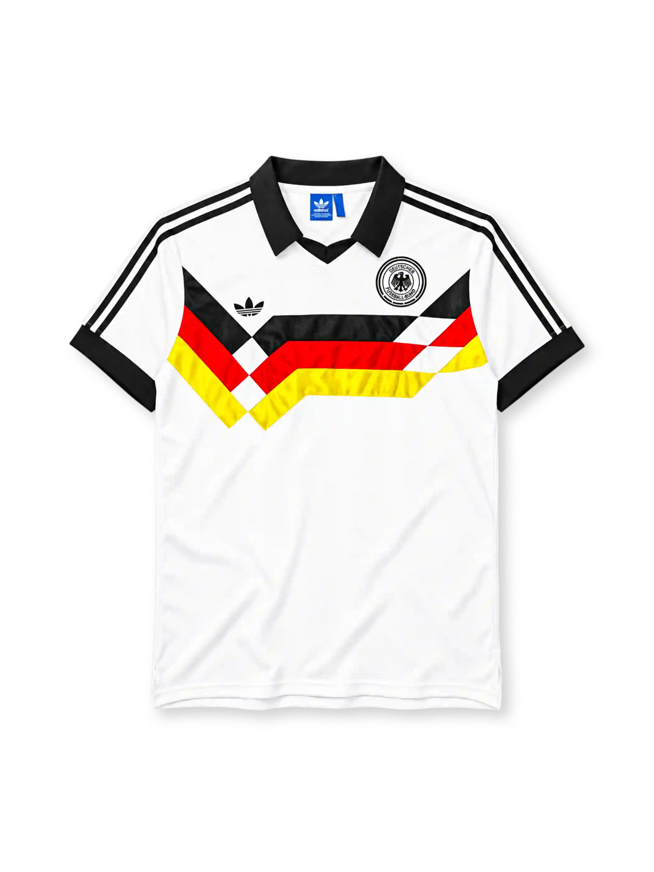 West Germany 1988-89 home jersey in white with black red and gold chevron graphic