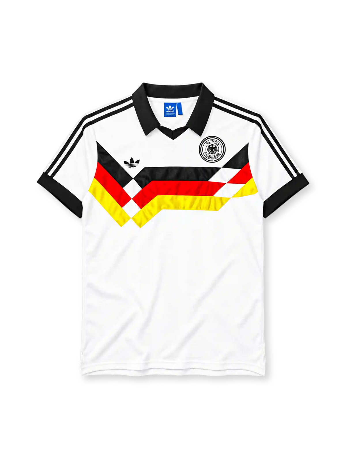West Germany 1988-89 home jersey in white with black red and gold chevron graphic