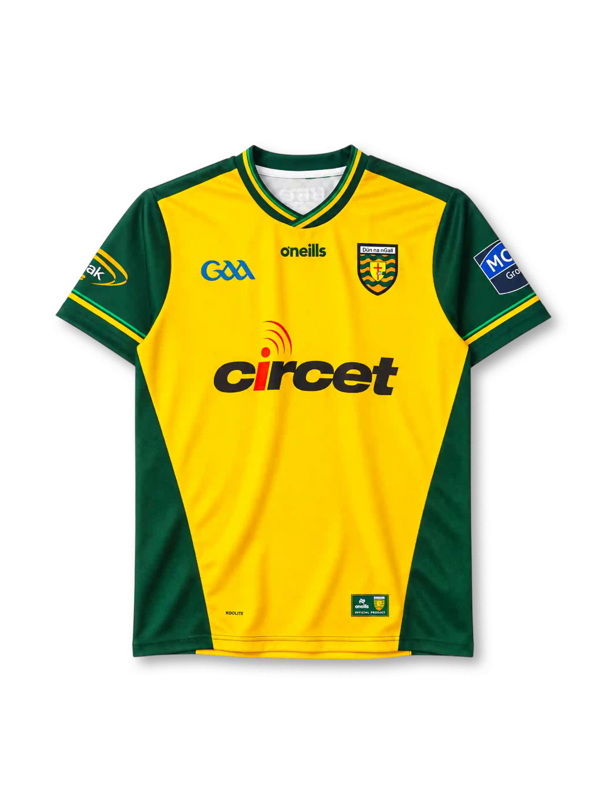 Donegal GAA home jersey in yellow and green with county crest and Circet sponsor