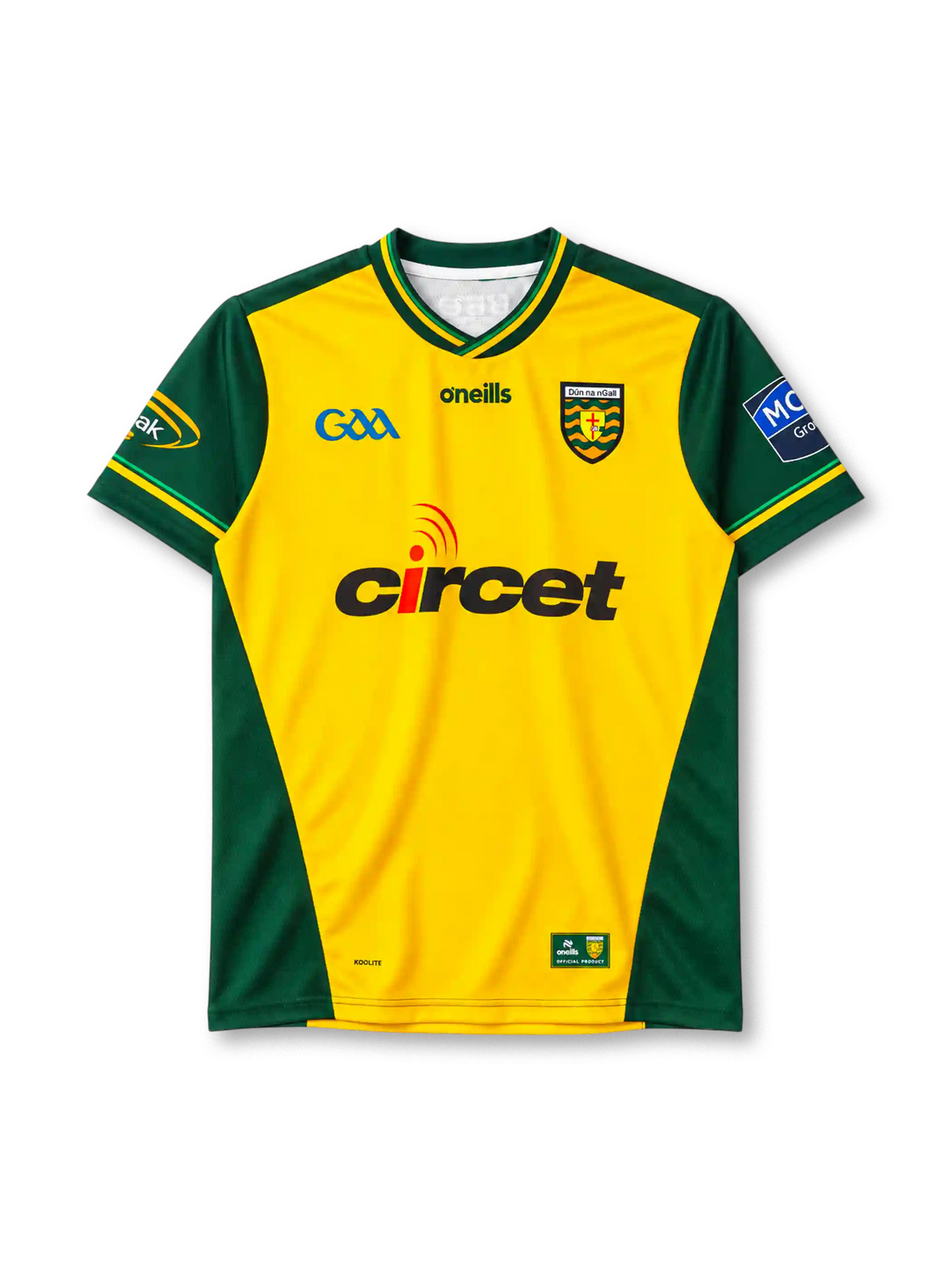 Donegal GAA home jersey in yellow and green with county crest and Circet sponsor