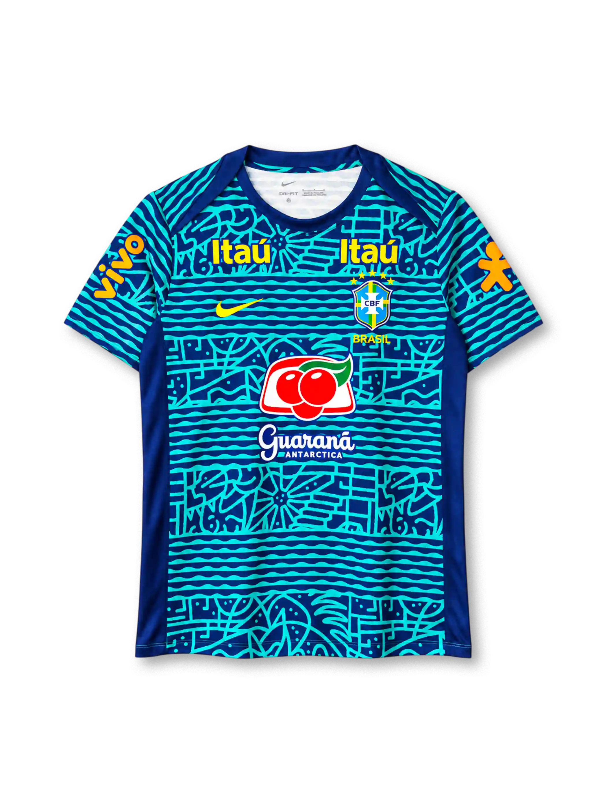 Brazil national team 2024 training top, front view, navy base with turquoise hand-drawn wave, floral and geometric graphic print, navy crew-neck collar, navy shoulder and side panels, yellow Nike swoosh, CBF crest with five stars and BRASIL text, two yellow Itaú logos on upper chest, Guaraná Antarctica logo on center chest, orange Vivo logos on both sleeves