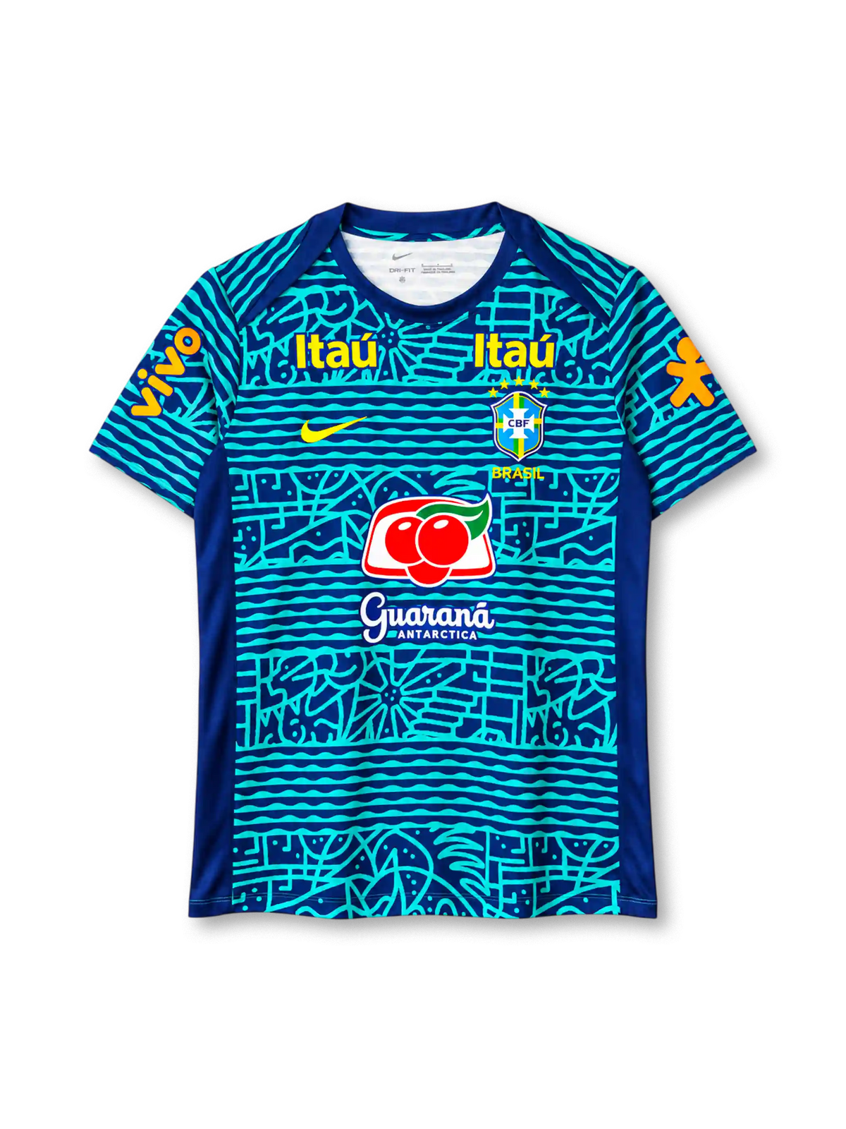Brazil national team 2024 training top, front view, navy base with turquoise hand-drawn wave, floral and geometric graphic print, navy crew-neck collar, navy shoulder and side panels, yellow Nike swoosh, CBF crest with five stars and BRASIL text, two yellow Itaú logos on upper chest, Guaraná Antarctica logo on center chest, orange Vivo logos on both sleeves