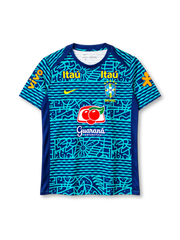 Brazil national team 2024 training top, front view, navy base with turquoise hand-drawn wave, floral and geometric graphic print, navy crew-neck collar, navy shoulder and side panels, yellow Nike swoosh, CBF crest with five stars and BRASIL text, two yellow Itaú logos on upper chest, Guaraná Antarctica logo on center chest, orange Vivo logos on both sleeves
