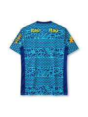 Brazil national team 2024 training top, front view, navy base with turquoise hand-drawn wave, floral and geometric graphic print, navy crew-neck collar, navy shoulder and side panels, yellow Nike swoosh, CBF crest with five stars and BRASIL text, two yellow Itaú logos on upper chest, Guaraná Antarctica logo on center chest, orange Vivo logos on both sleeves