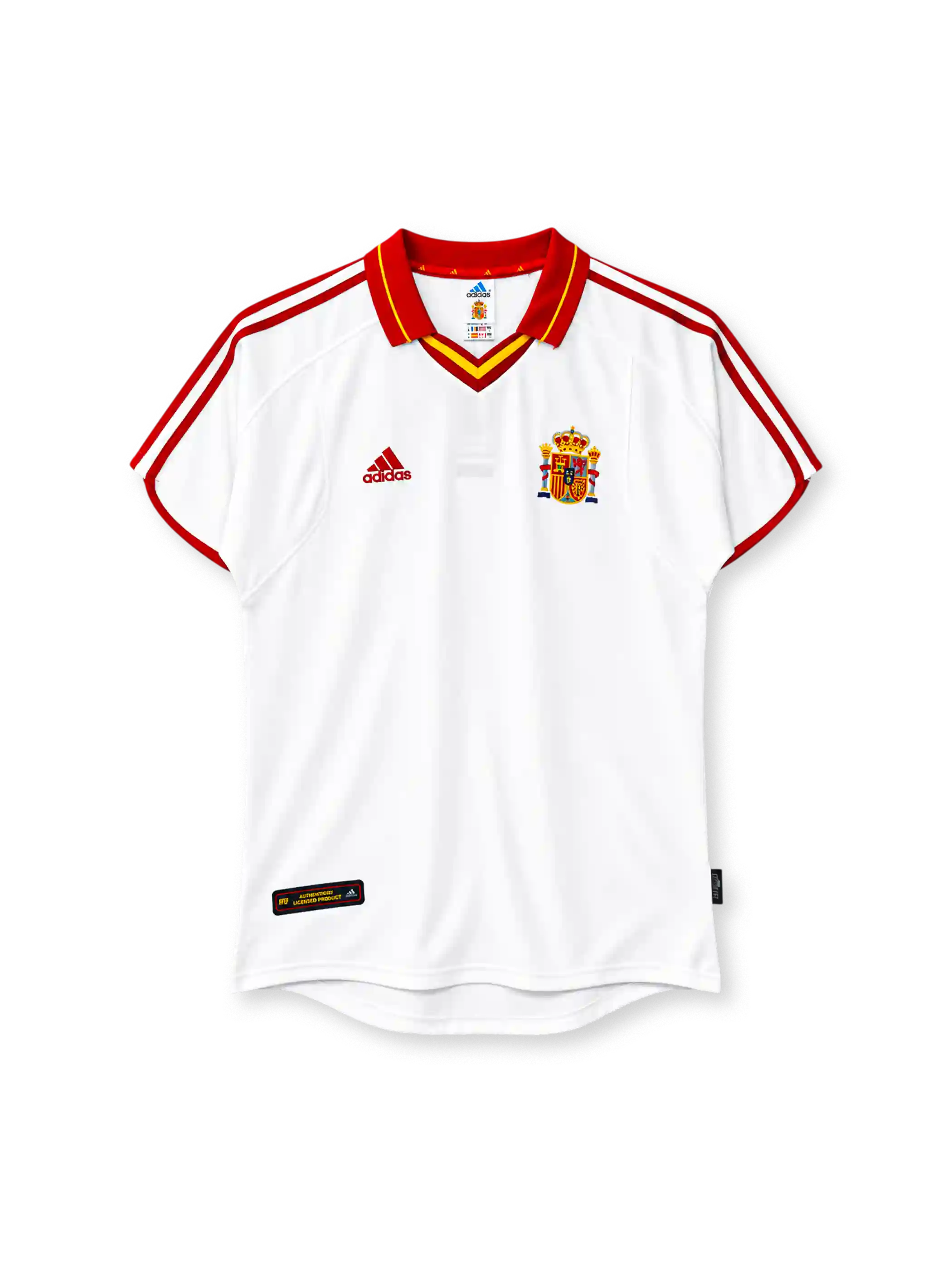Spain 2000 away jersey, front view, white body, red fold-over collar with yellow stripe, red and yellow V-neck insert, red three stripes on shoulders and sleeves, red sleeve cuff trim, red adidas logo on right chest, Spanish coat of arms crest on left chest, black authentic licensed product badge at lower left hem, curved hem