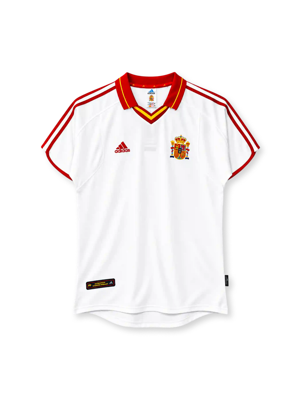 Spain 2000 away jersey, front view, white body, red fold-over collar with yellow stripe, red and yellow V-neck insert, red three stripes on shoulders and sleeves, red sleeve cuff trim, red adidas logo on right chest, Spanish coat of arms crest on left chest, black authentic licensed product badge at lower left hem, curved hem