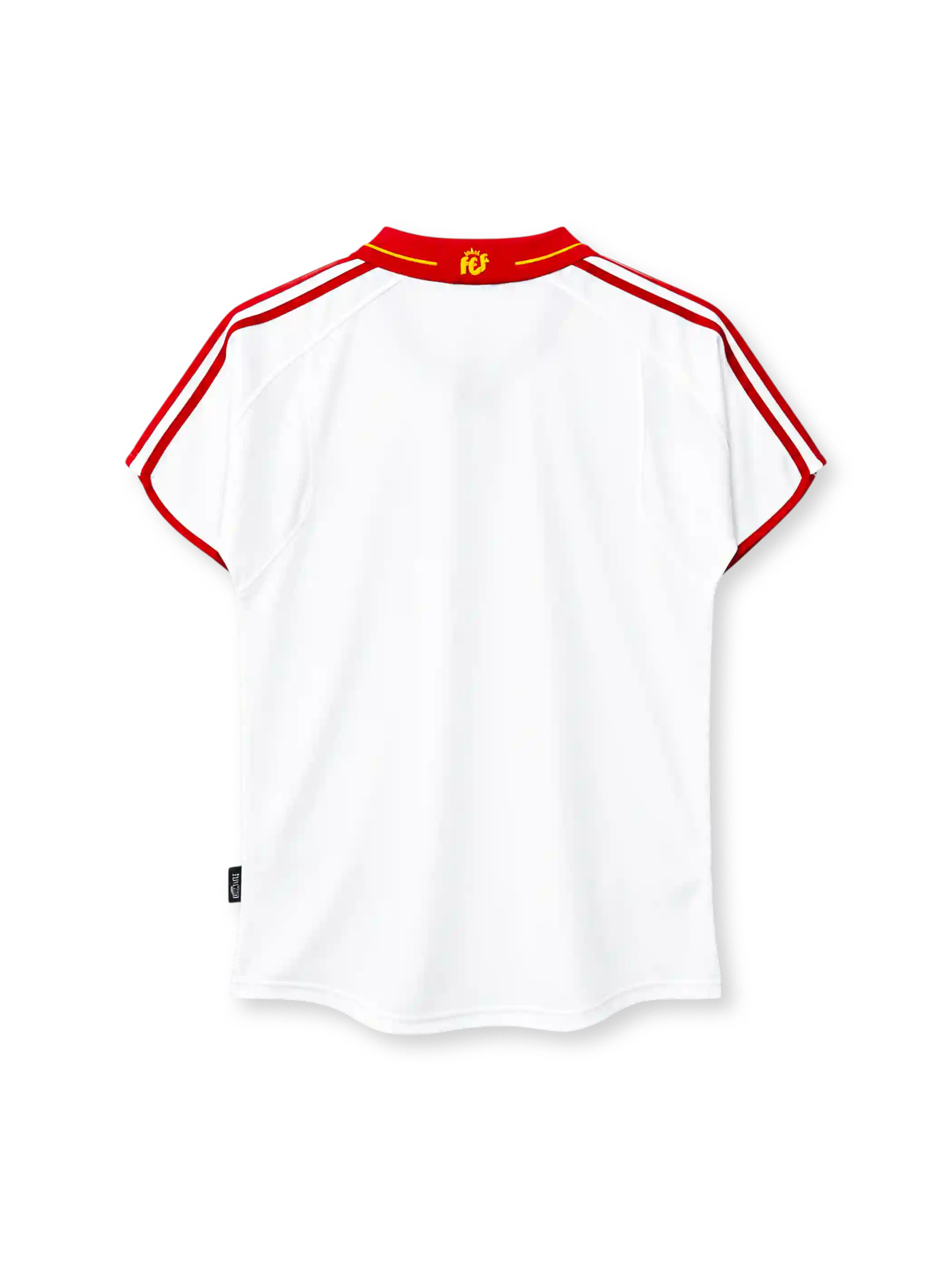 Spain 2000 away jersey, front view, white body, red fold-over collar with yellow stripe, red and yellow V-neck insert, red three stripes on shoulders and sleeves, red sleeve cuff trim, red adidas logo on right chest, Spanish coat of arms crest on left chest, black authentic licensed product badge at lower left hem, curved hem