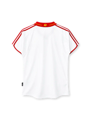 Spain 2000 away jersey, front view, white body, red fold-over collar with yellow stripe, red and yellow V-neck insert, red three stripes on shoulders and sleeves, red sleeve cuff trim, red adidas logo on right chest, Spanish coat of arms crest on left chest, black authentic licensed product badge at lower left hem, curved hem