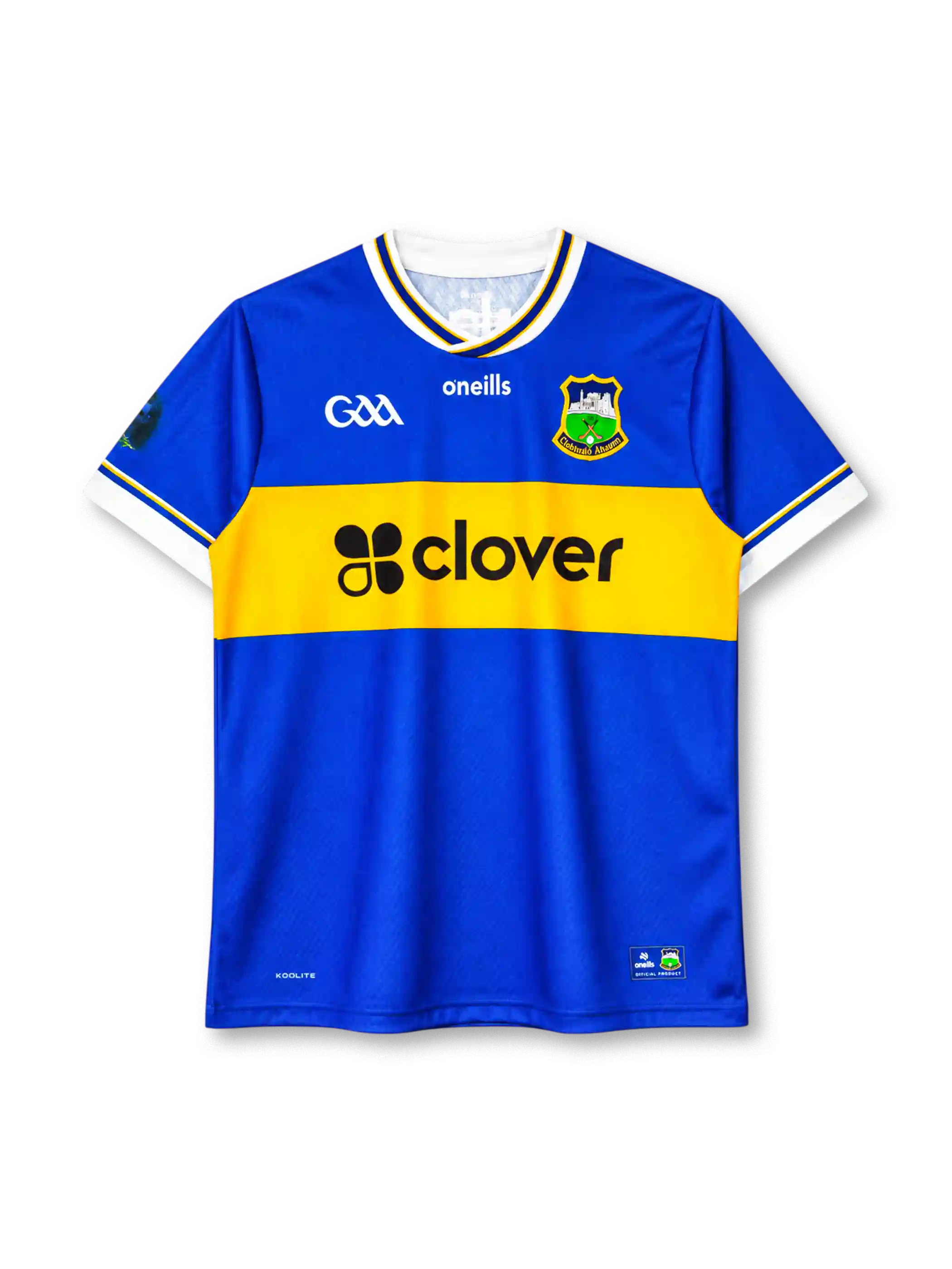 Tipperary GAA home jersey in blue with gold chest band and Clover sponsor