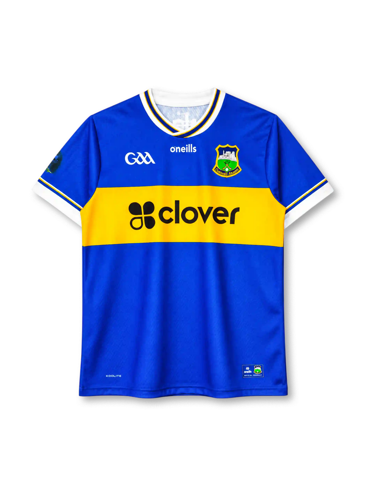 Tipperary GAA home jersey in blue with gold chest band and Clover sponsor