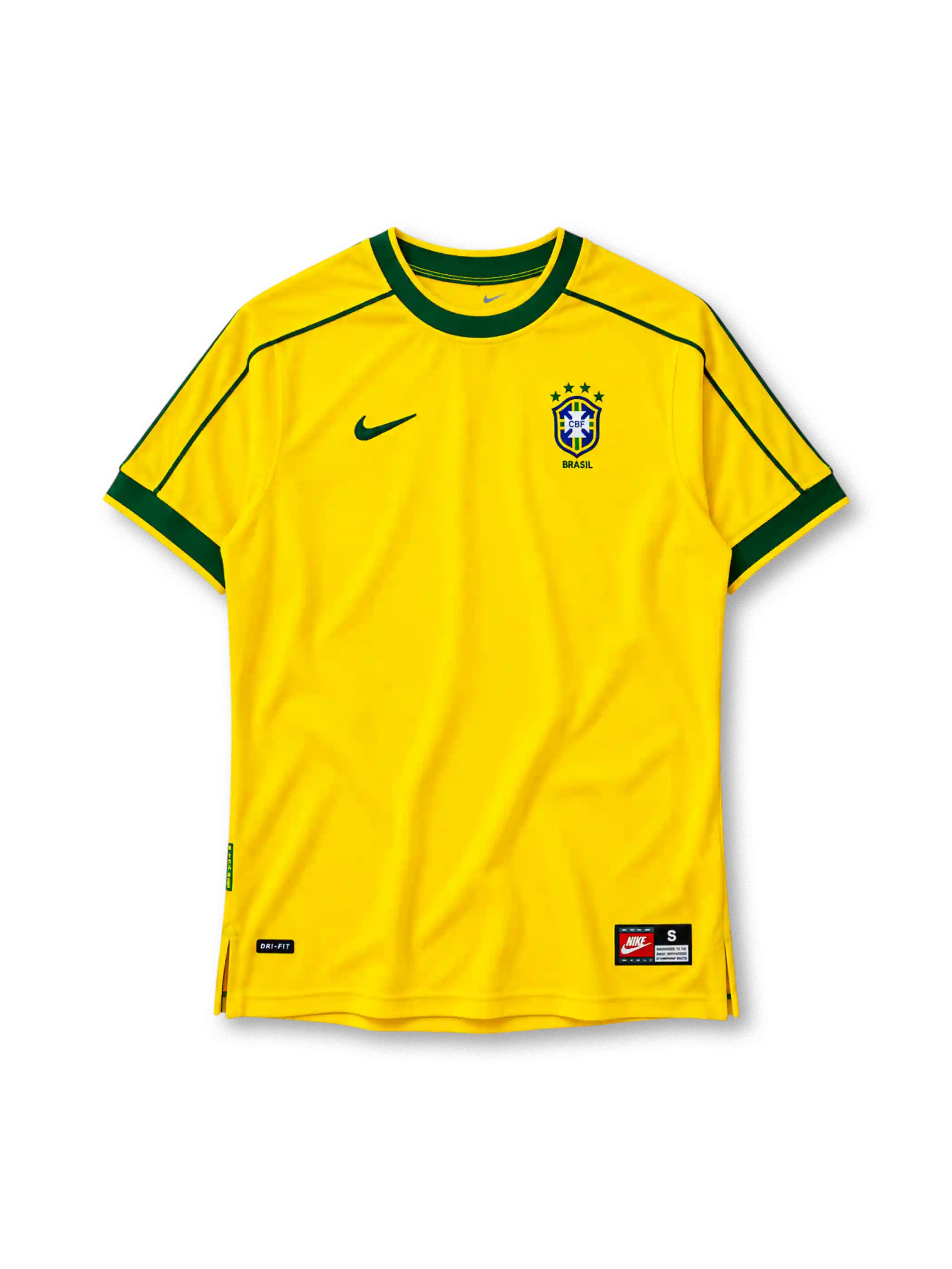 Brazil 1998 home jersey in yellow with green trim and CBF crest
