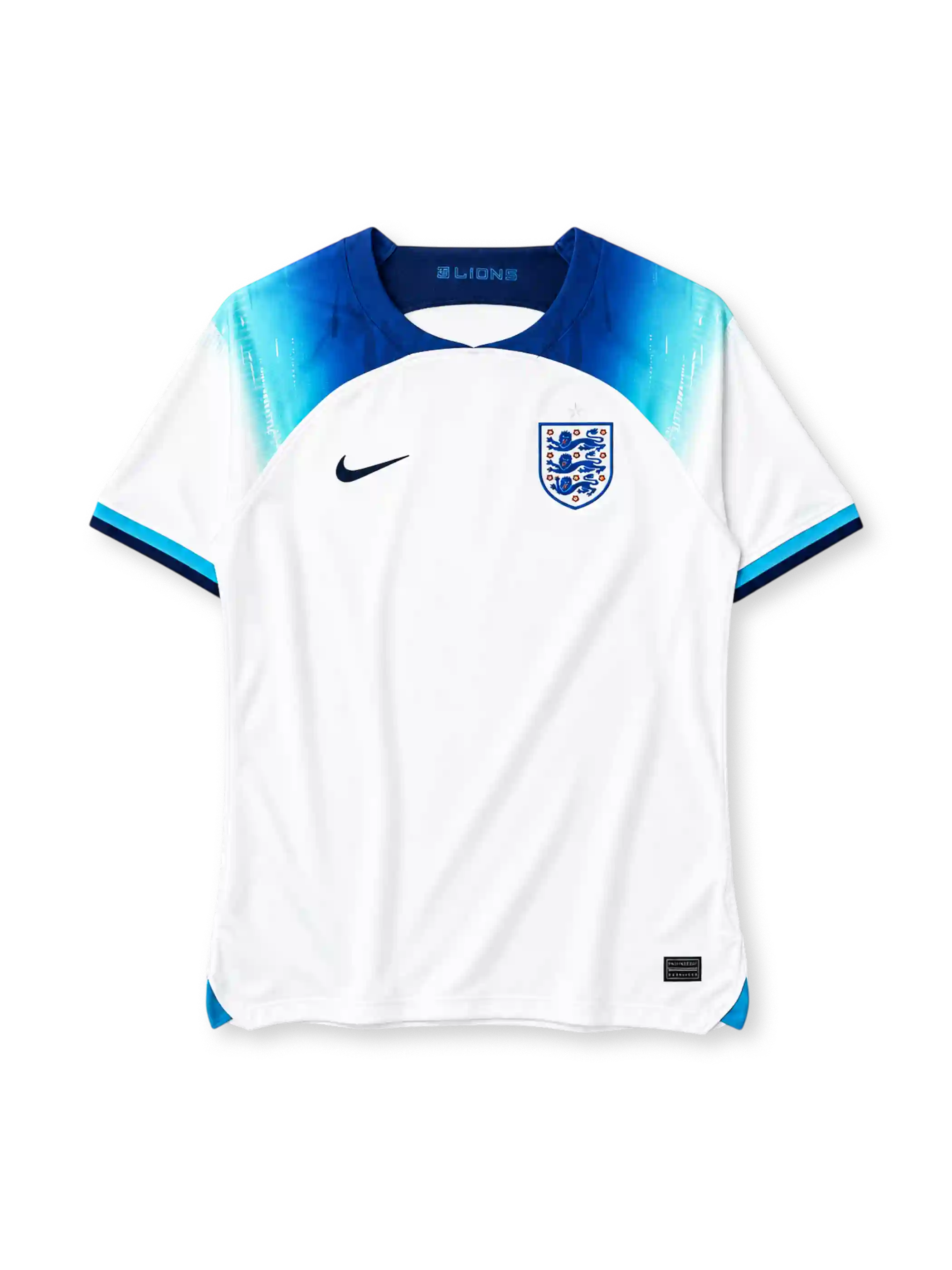 England 2022 home jersey in white with blue gradient shoulders and Three Lions crest