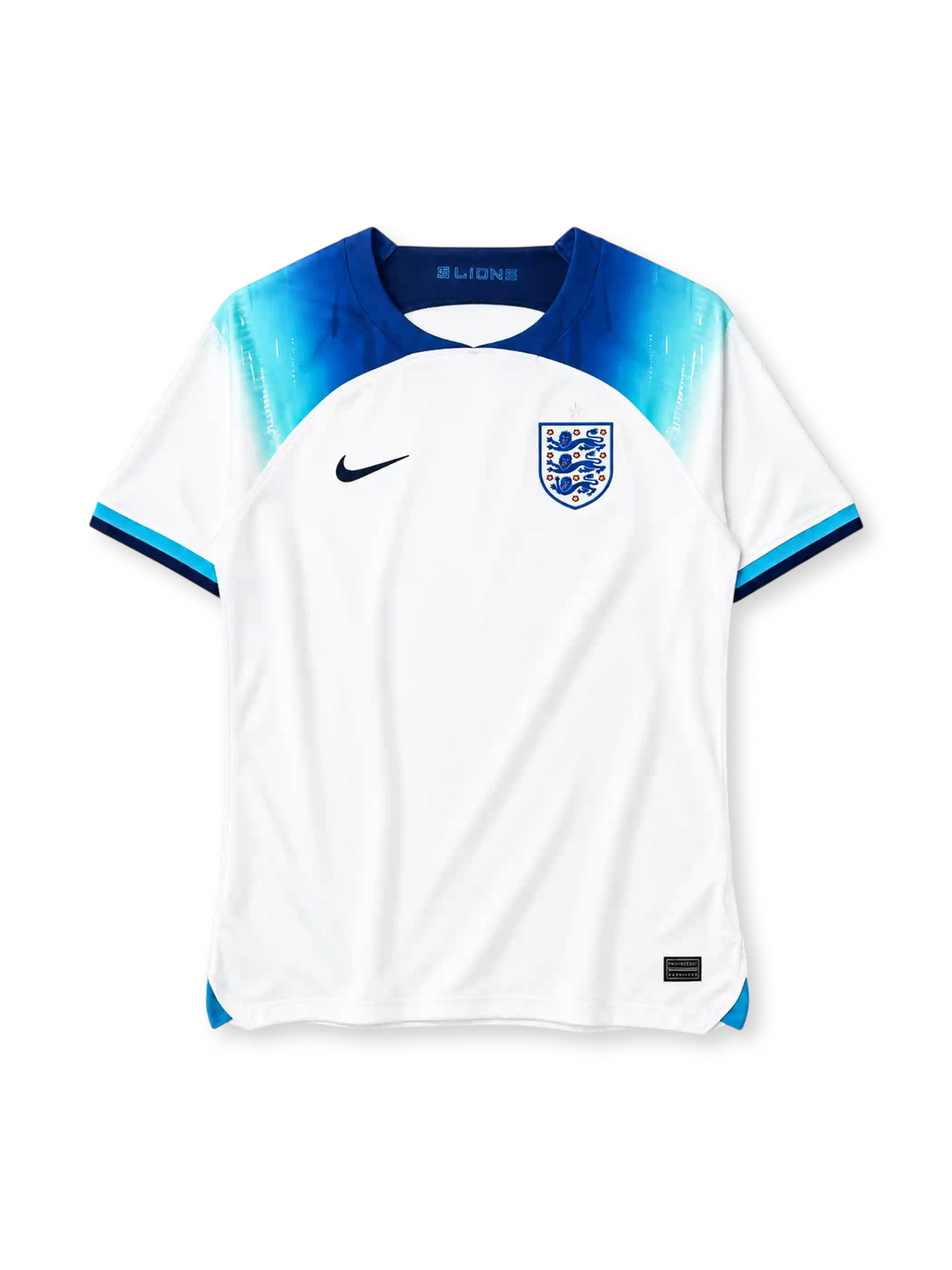 England 2022 home jersey in white with blue gradient shoulders and Three Lions crest