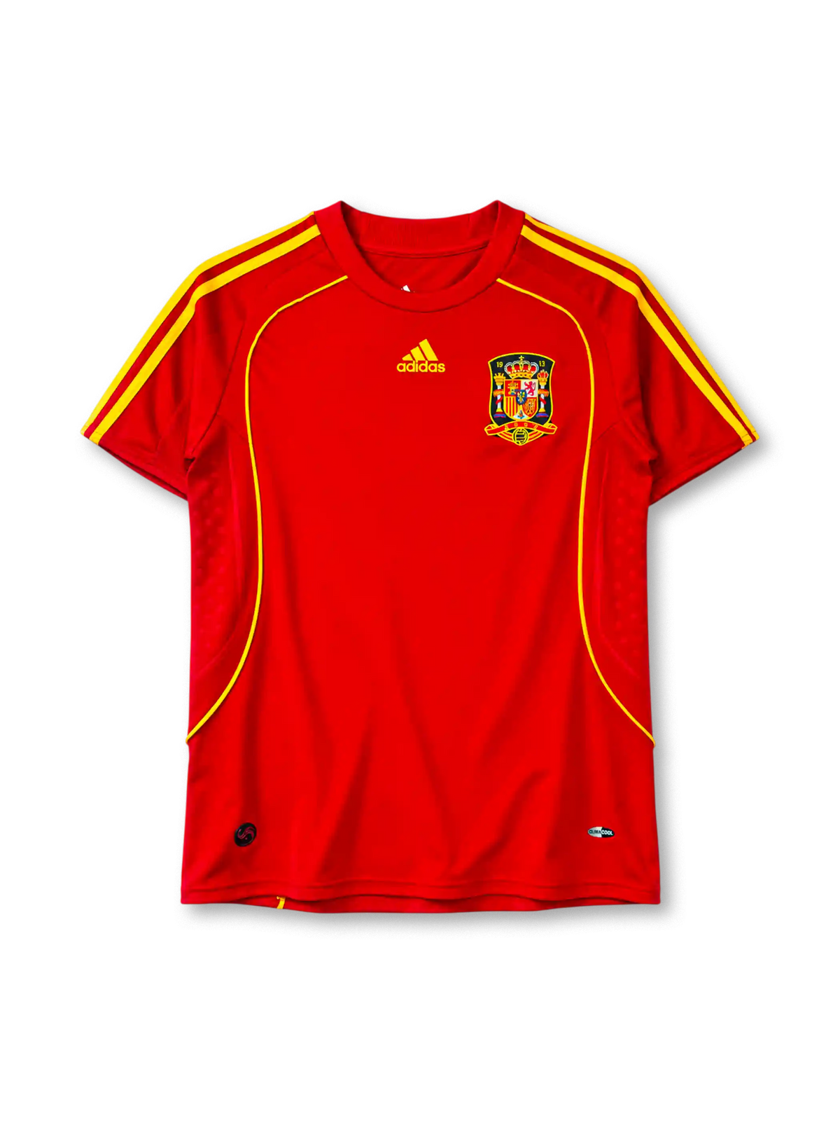 Spain 2008 home jersey in red with yellow stripe trim and Spanish federation crest