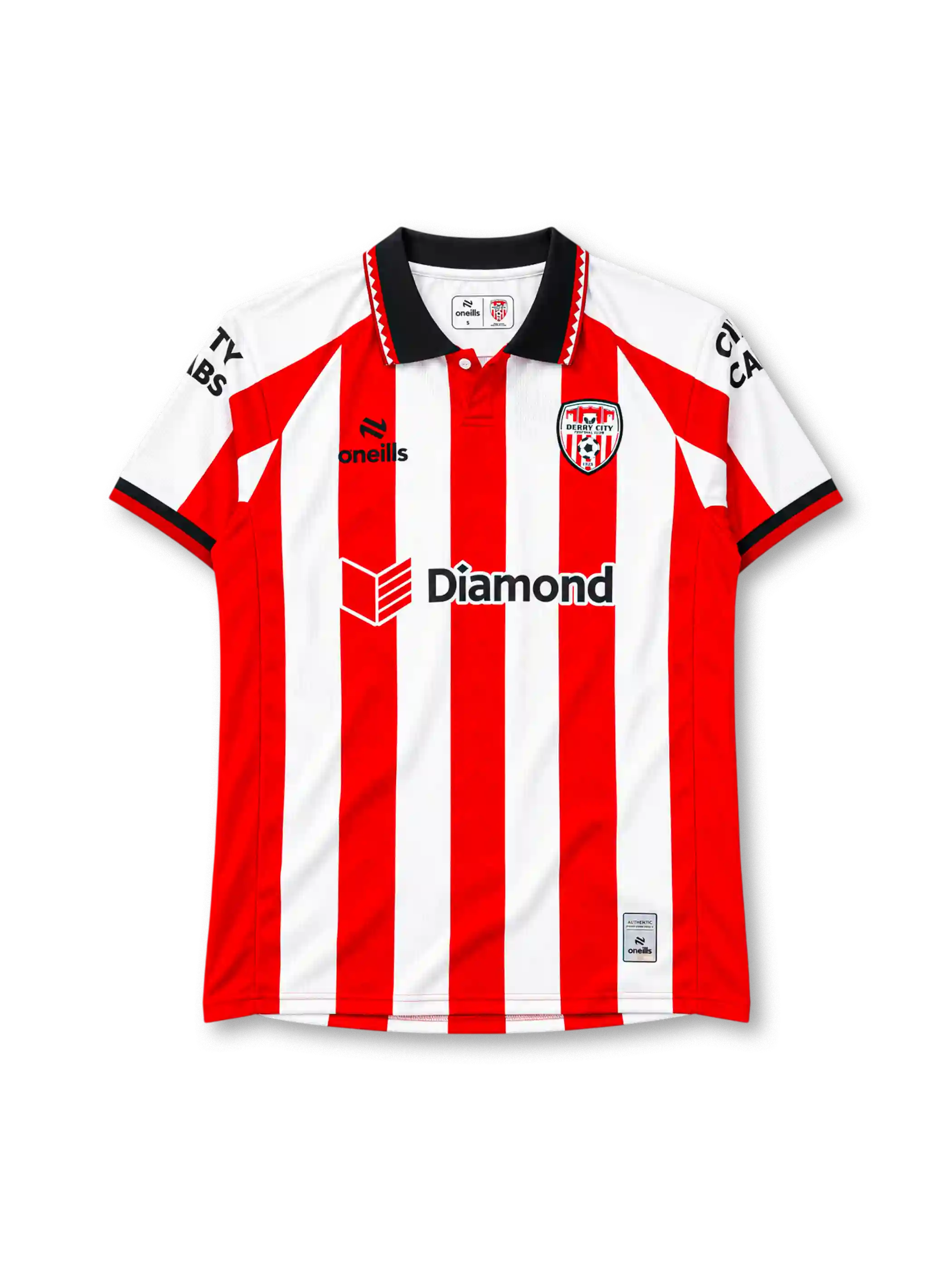 Derry City 2026 home jersey in red and white stripes with Diamond sponsor