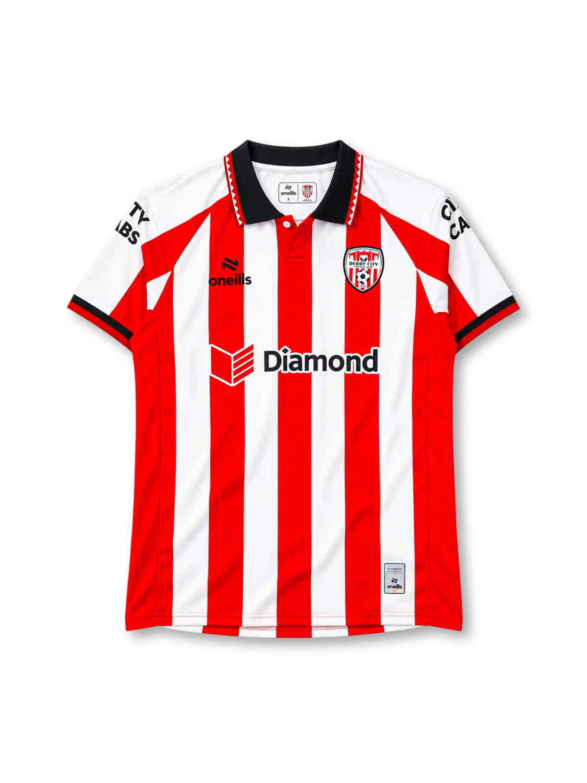 Derry City 2026 home jersey in red and white stripes with Diamond sponsor