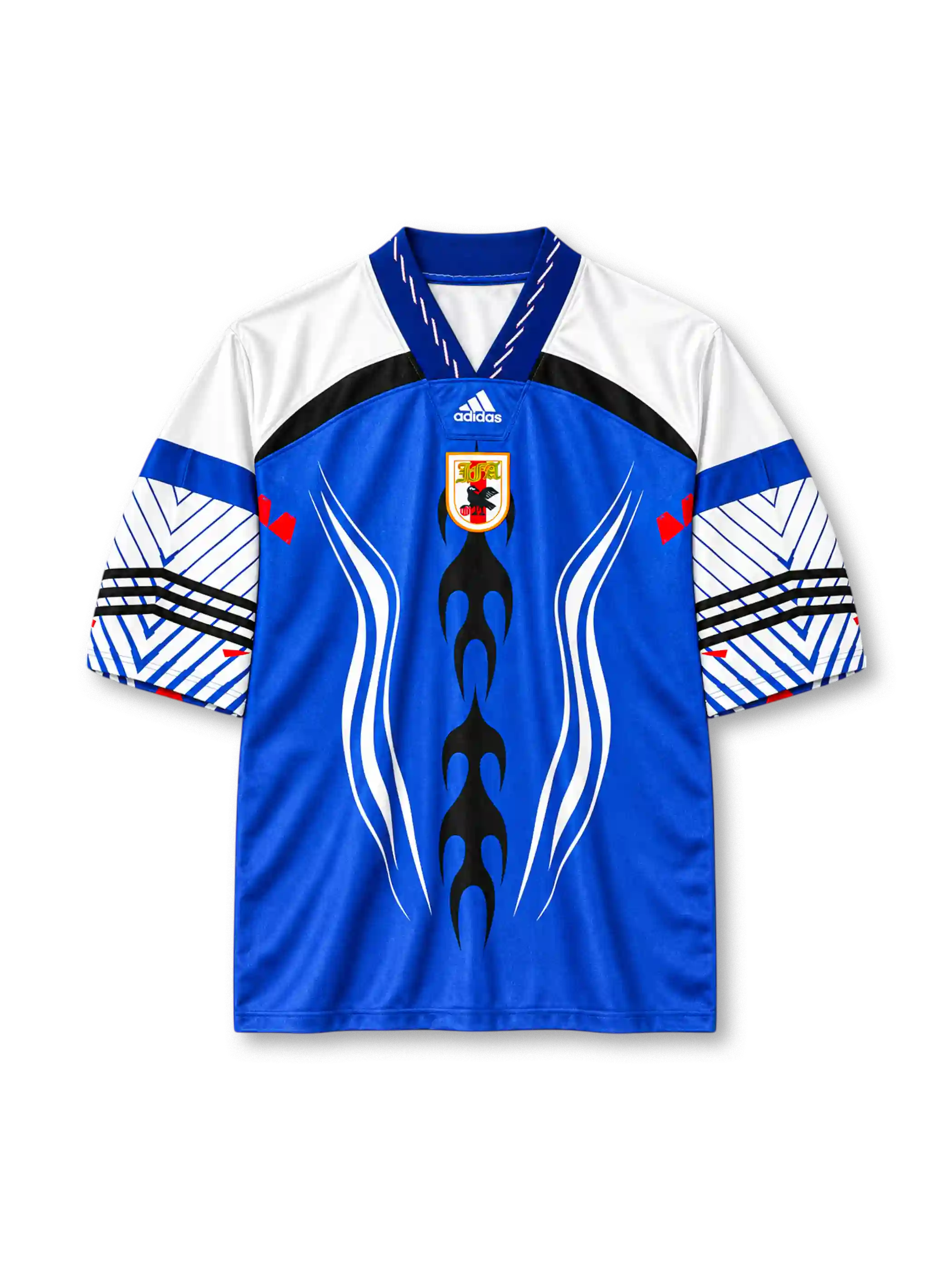 Japan retro culture knit T-shirt in blue with flame graphic and JFA crest