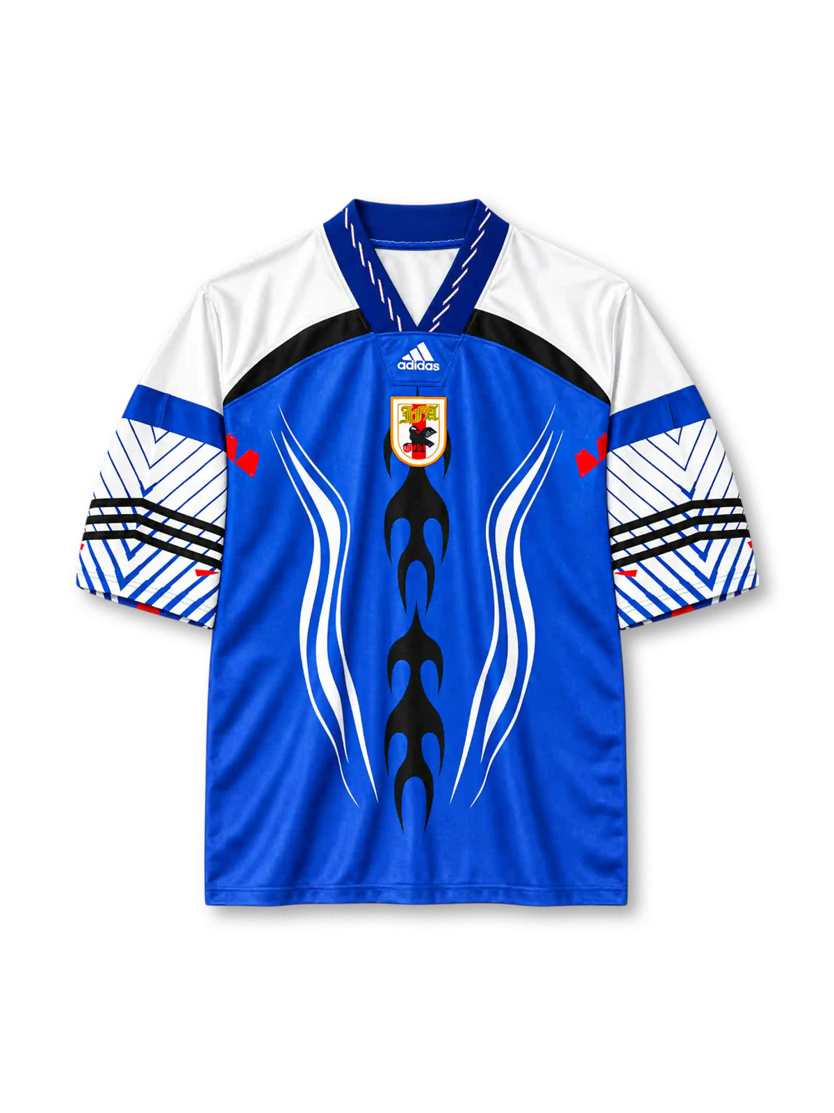 Japan retro culture knit T-shirt in blue with flame graphic and JFA crest