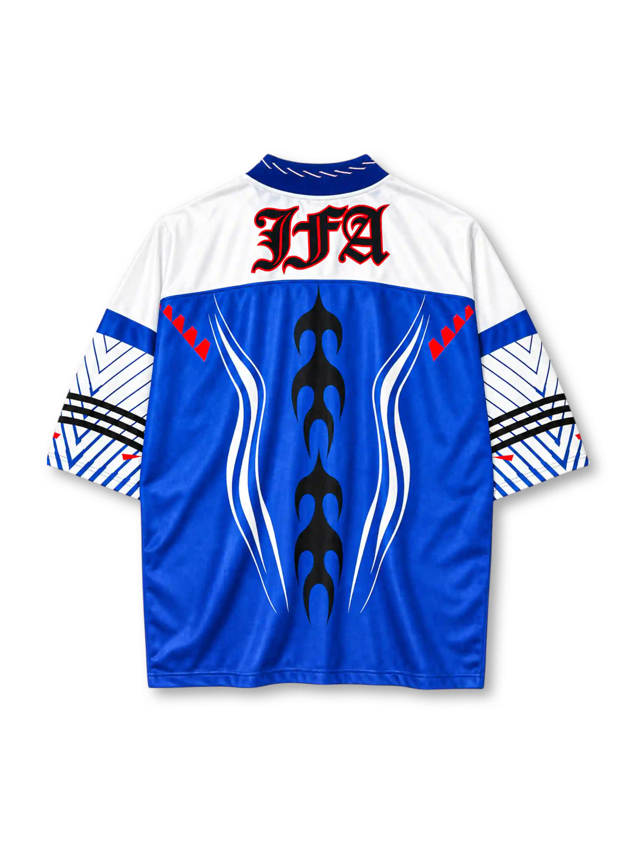 Japan retro culture knit T-shirt in blue with flame graphic and JFA crest