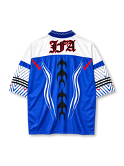 Japan retro culture knit T-shirt in blue with flame graphic and JFA crest