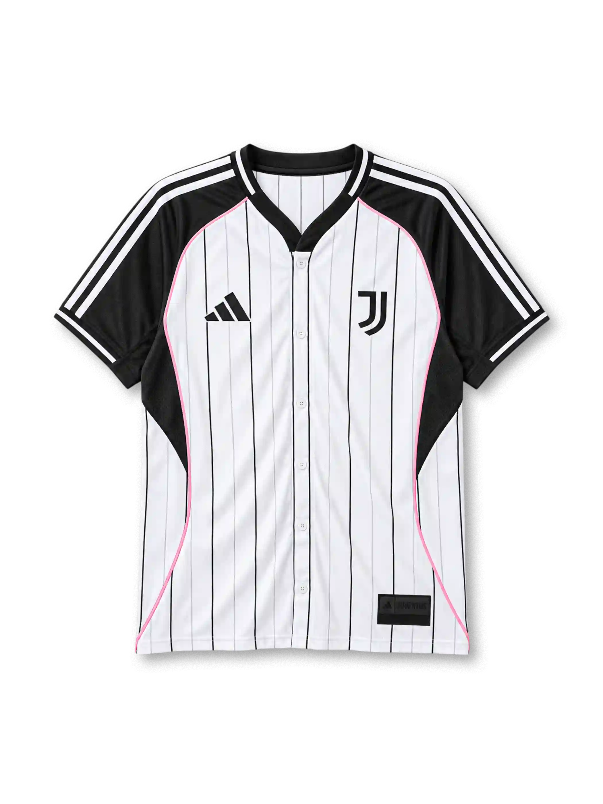 Juventus 2025 baseball jersey, front view, white body with black pinstripes, black V-neck baseball collar with white trim, full button-front placket, black raglan sleeves with three white shoulder stripes, black side panels with pink piping, adidas logo on right chest, J crest on left chest, black woven Juventus label at hem