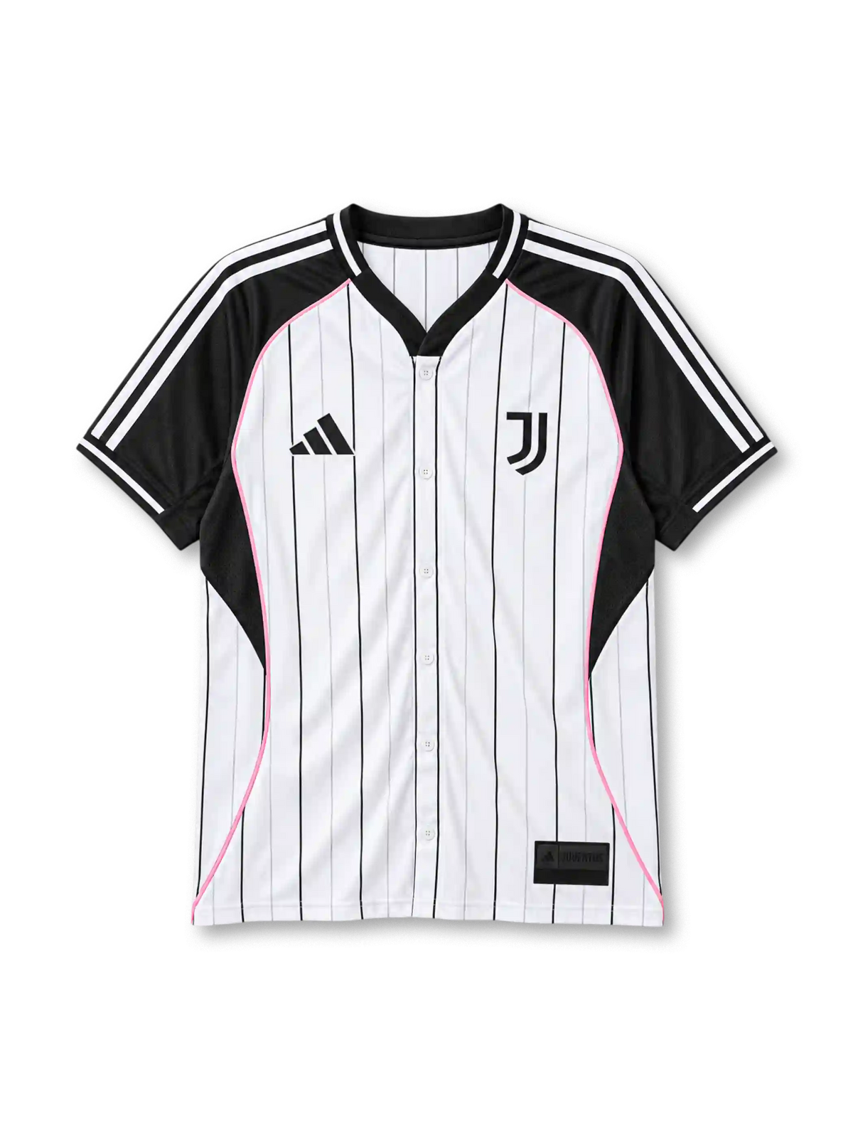 Juventus 2025 baseball jersey, front view, white body with black pinstripes, black V-neck baseball collar with white trim, full button-front placket, black raglan sleeves with three white shoulder stripes, black side panels with pink piping, adidas logo on right chest, J crest on left chest, black woven Juventus label at hem