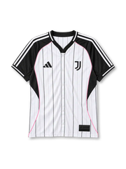 Juventus 2025 baseball jersey, front view, white body with black pinstripes, black V-neck baseball collar with white trim, full button-front placket, black raglan sleeves with three white shoulder stripes, black side panels with pink piping, adidas logo on right chest, J crest on left chest, black woven Juventus label at hem