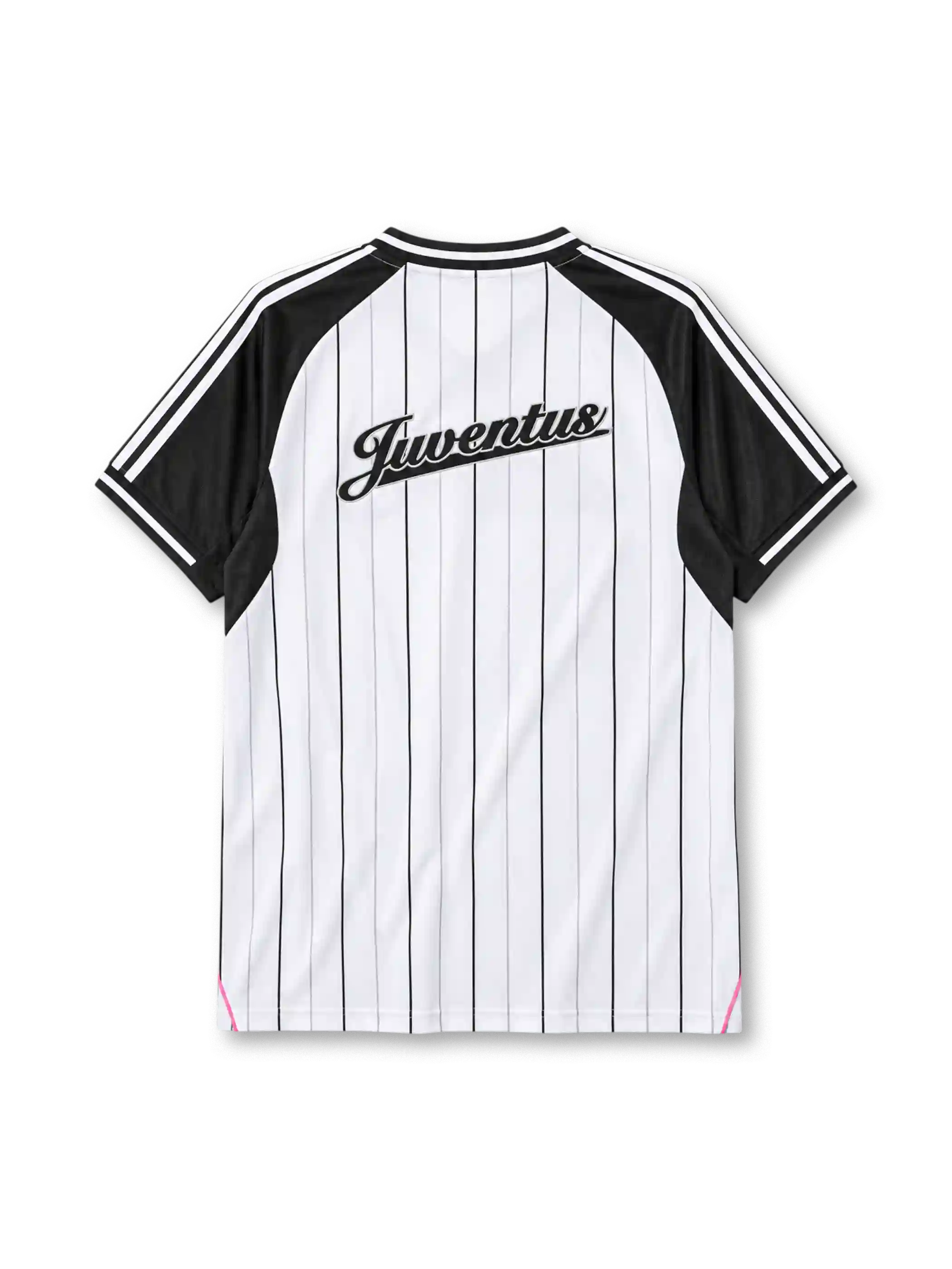 Juventus 2025 baseball jersey, front view, white body with black pinstripes, black V-neck baseball collar with white trim, full button-front placket, black raglan sleeves with three white shoulder stripes, black side panels with pink piping, adidas logo on right chest, J crest on left chest, black woven Juventus label at hem