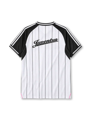 Juventus 2025 baseball jersey, front view, white body with black pinstripes, black V-neck baseball collar with white trim, full button-front placket, black raglan sleeves with three white shoulder stripes, black side panels with pink piping, adidas logo on right chest, J crest on left chest, black woven Juventus label at hem
