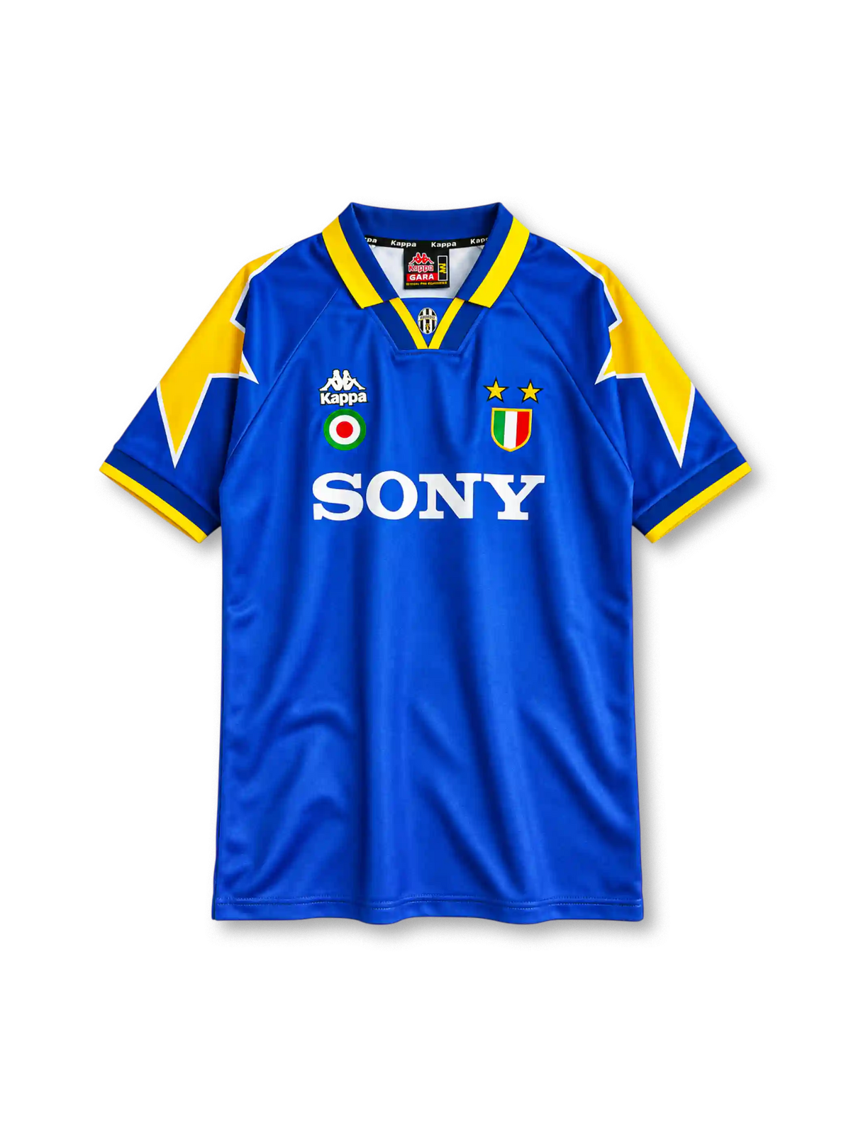 Juventus 1995-96 away jersey, front view, royal blue body, yellow star graphics on shoulders and sleeves, blue polo collar with yellow trim, small Juventus crest at collar insert, Kappa logo and Coppa Italia cockade on right chest, scudetto shield with two gold stars on left chest, white SONY sponsor logo, blue cuffs with yellow edging