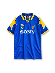 Juventus 1995-96 away jersey, front view, royal blue body, yellow star graphics on shoulders and sleeves, blue polo collar with yellow trim, small Juventus crest at collar insert, Kappa logo and Coppa Italia cockade on right chest, scudetto shield with two gold stars on left chest, white SONY sponsor logo, blue cuffs with yellow edging