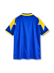Juventus 1995-96 away jersey, front view, royal blue body, yellow star graphics on shoulders and sleeves, blue polo collar with yellow trim, small Juventus crest at collar insert, Kappa logo and Coppa Italia cockade on right chest, scudetto shield with two gold stars on left chest, white SONY sponsor logo, blue cuffs with yellow edging