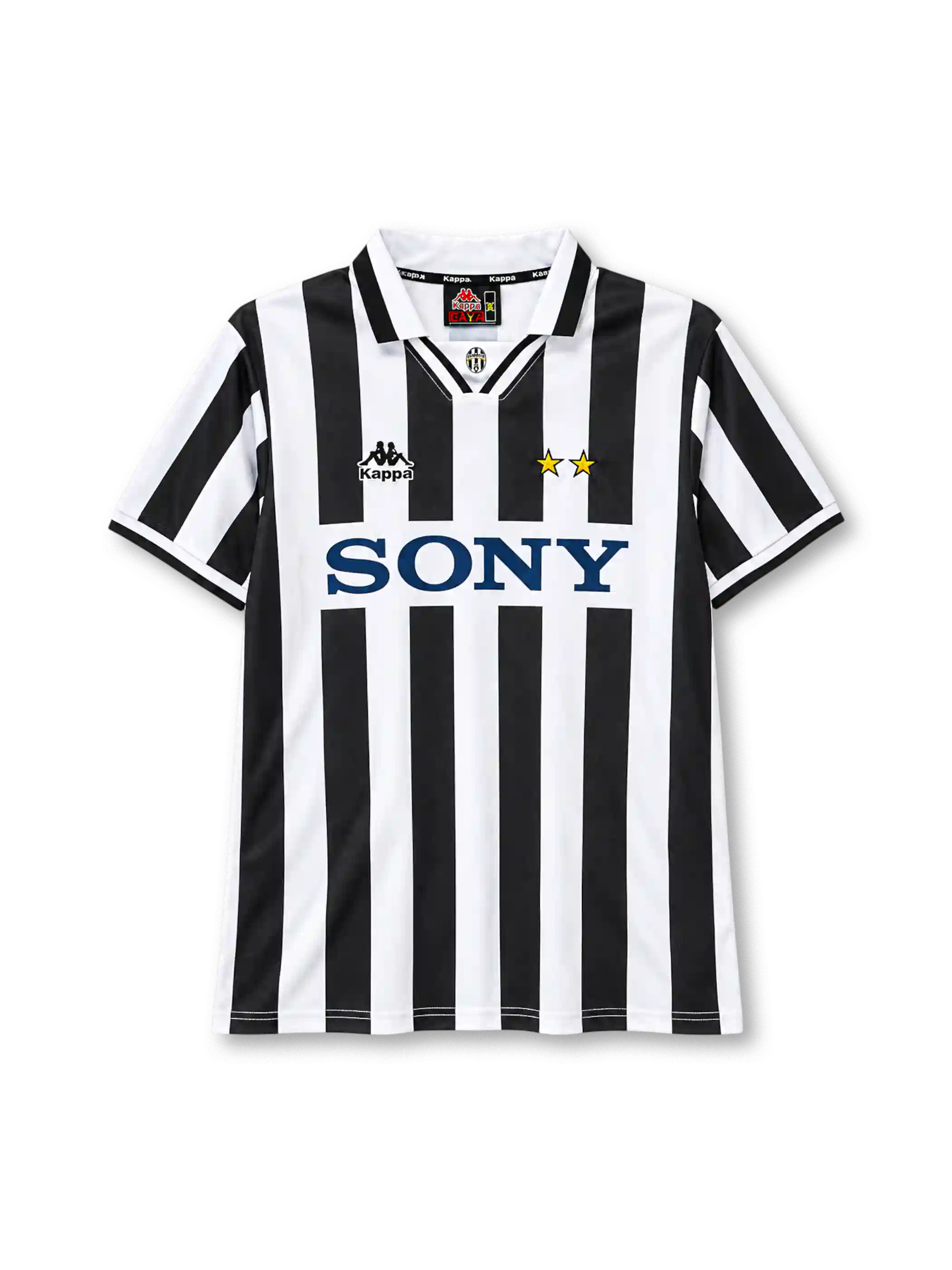 Juventus 1995-97 home jersey, front view, black and white vertical stripes, white polo collar with black tipping, small Juventus crest at collar insert, Kappa logo on right chest, two gold stars on left chest, navy SONY sponsor logo on white chest band, white cuffs with black trim