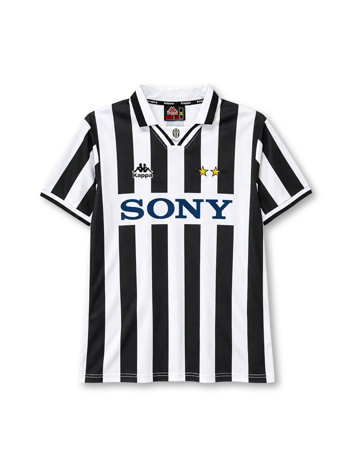 Juventus 1995-97 home jersey, front view, black and white vertical stripes, white polo collar with black tipping, small Juventus crest at collar insert, Kappa logo on right chest, two gold stars on left chest, navy SONY sponsor logo on white chest band, white cuffs with black trim