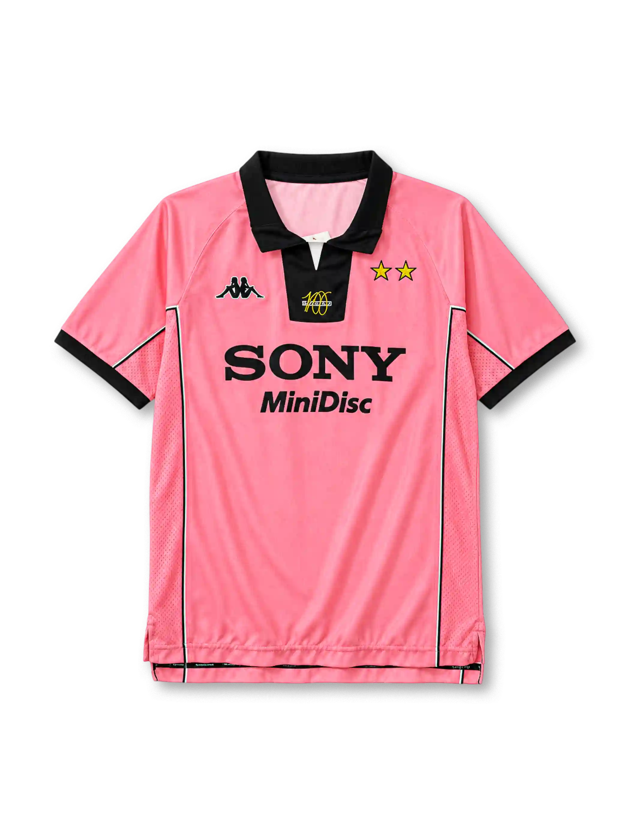 Juventus 1997-98 away jersey, front view, pink body, black polo collar with white V-notch, yellow centenary 100 emblem on collar insert, Kappa logo on right chest, two gold stars on left chest, black SONY MiniDisc sponsor logo, mesh side panels with black and white piping, black cuffs, split side vents