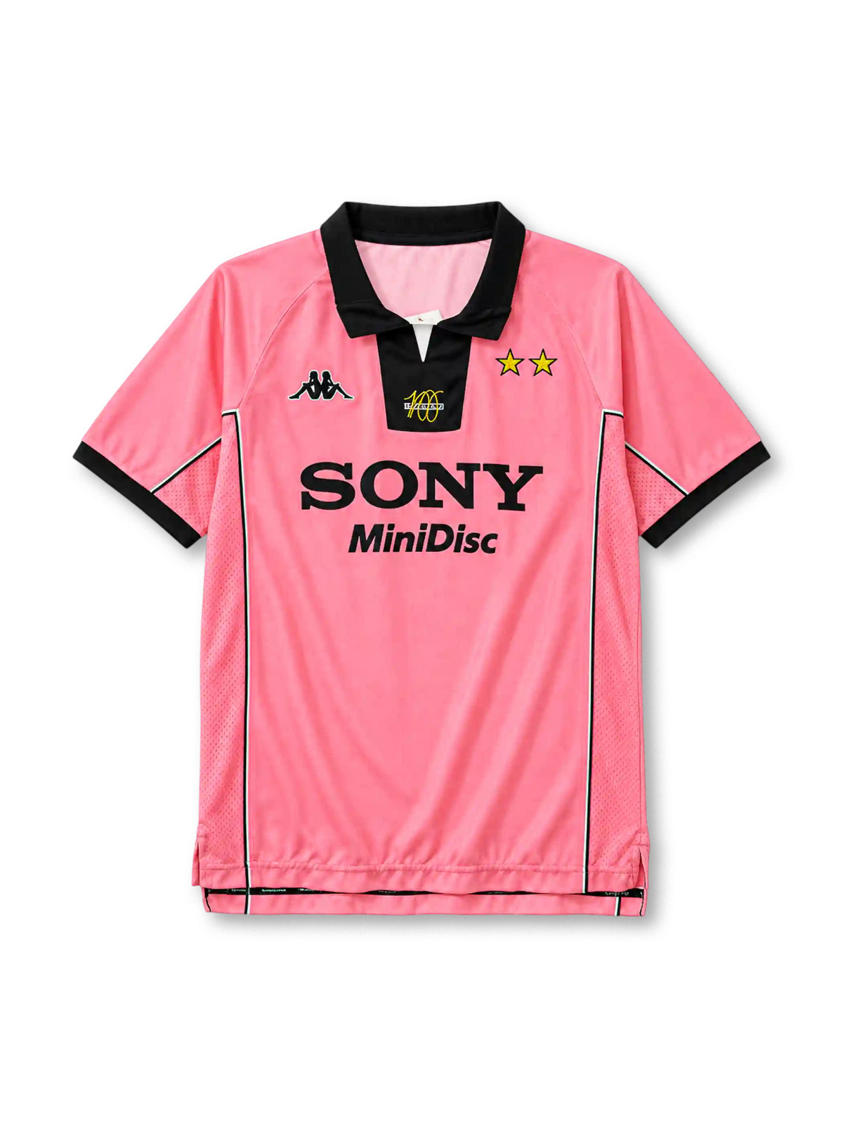 Juventus 1997-98 away jersey, front view, pink body, black polo collar with white V-notch, yellow centenary 100 emblem on collar insert, Kappa logo on right chest, two gold stars on left chest, black SONY MiniDisc sponsor logo, mesh side panels with black and white piping, black cuffs, split side vents