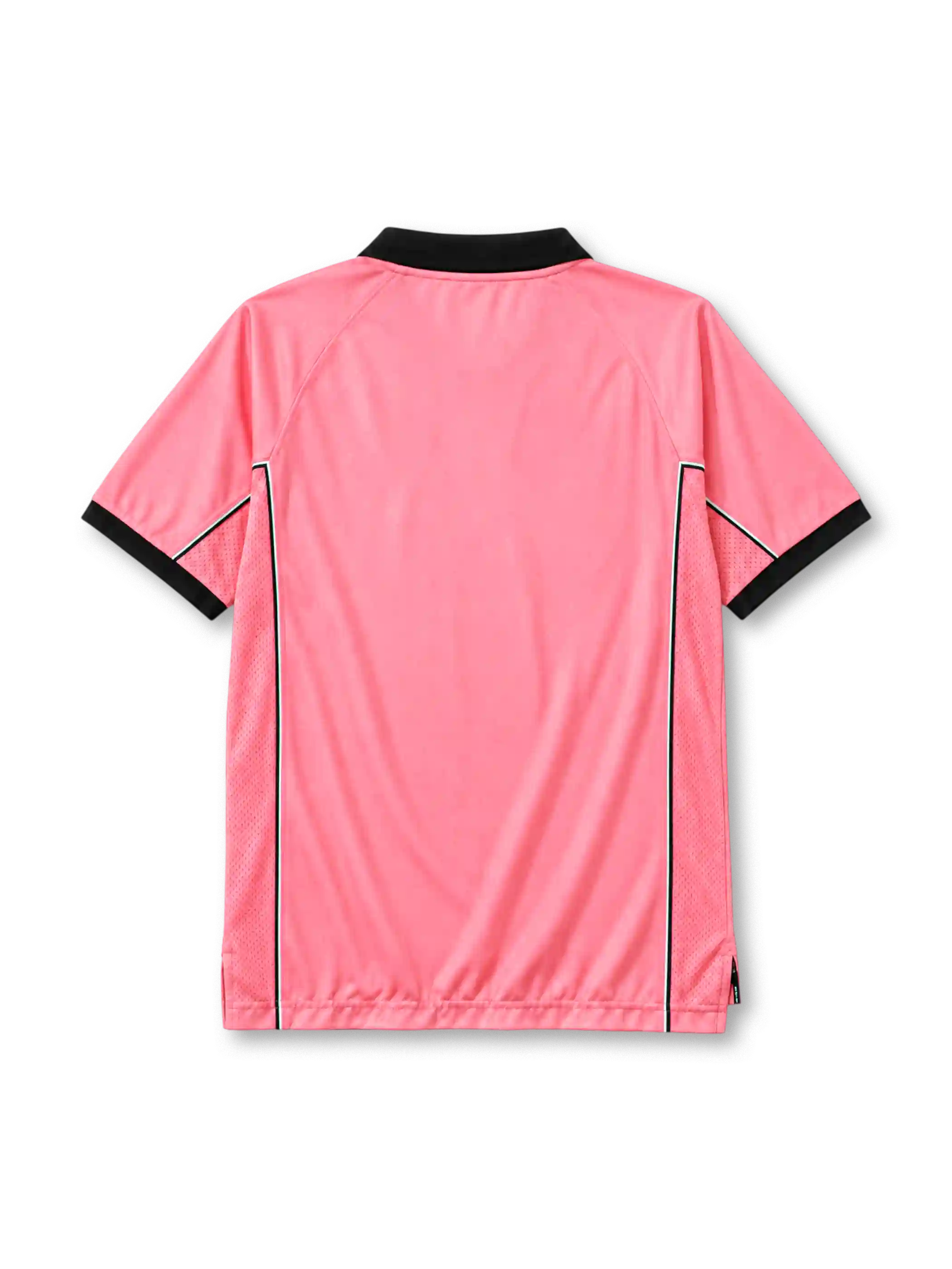 Juventus 1997-98 away jersey, front view, pink body, black polo collar with white V-notch, yellow centenary 100 emblem on collar insert, Kappa logo on right chest, two gold stars on left chest, black SONY MiniDisc sponsor logo, mesh side panels with black and white piping, black cuffs, split side vents